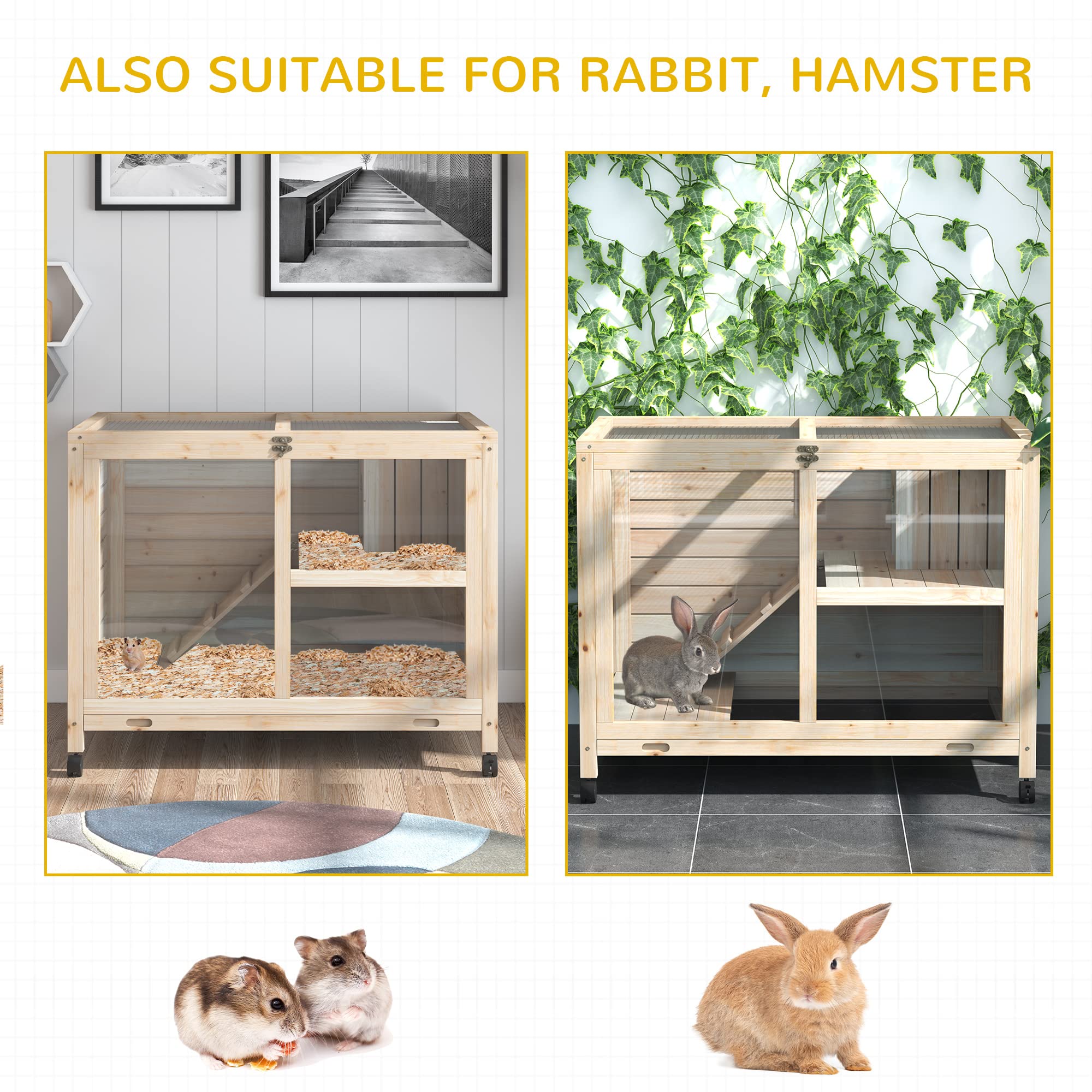 PawHut Indoor Rabbit Hutch with Wheels, 36"L x 21"W, Natural Fir Wood, Model D51-124ND, Waterproof Small Cage