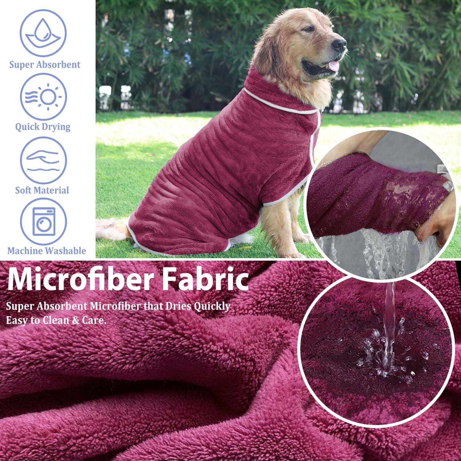 Dog Bathrobe Towel - Super Absorbent Bath Robe For Dogs Large, Soft Adjustable Collar & Belly Strap Fast Drying Coat Pet Dog Cat