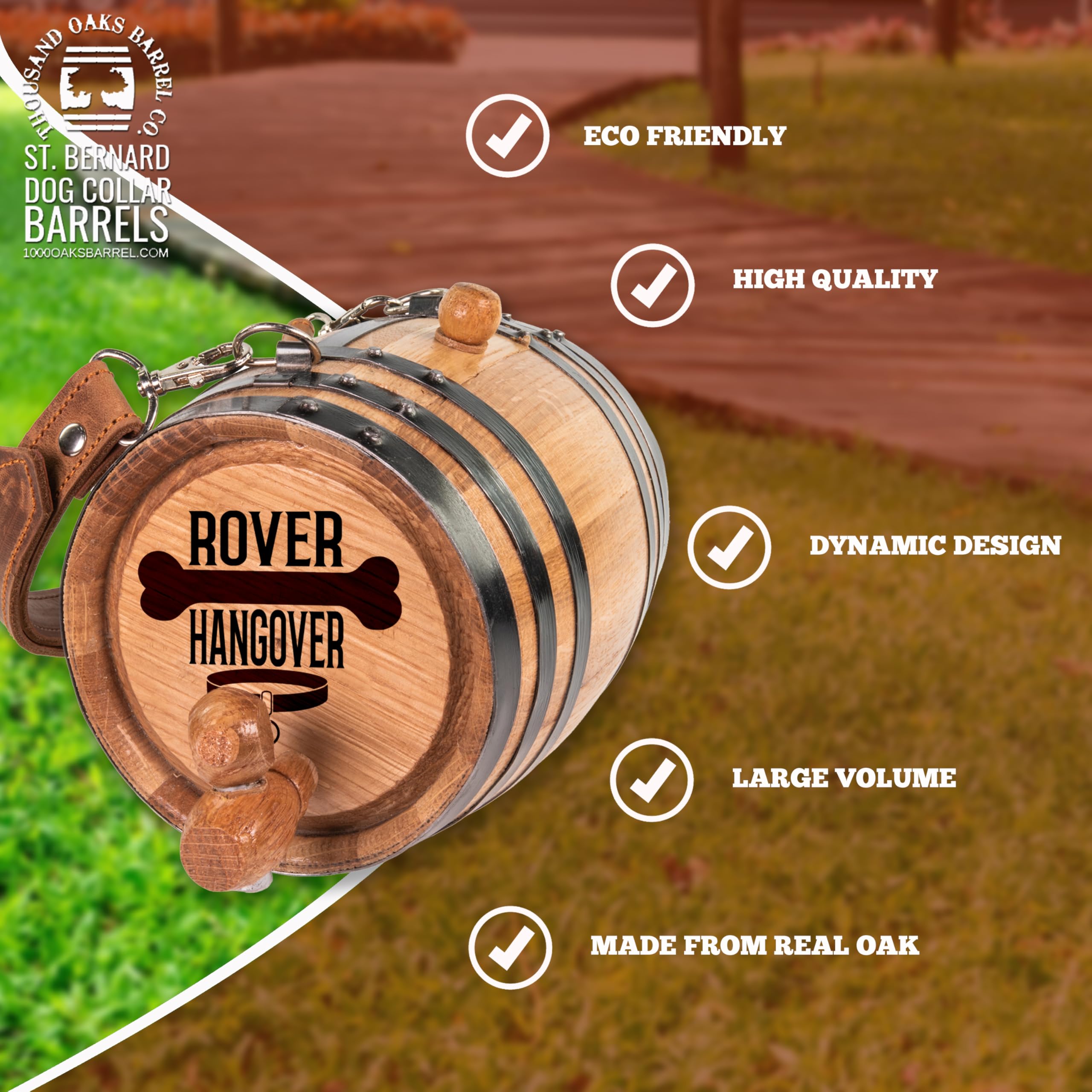 St. Bernard Dog Collar Rescue Barrel, With Engraved Design 'Rover Hangover' (1/2 Liter Size Oak Mini Keg With Black Hoops For Sa