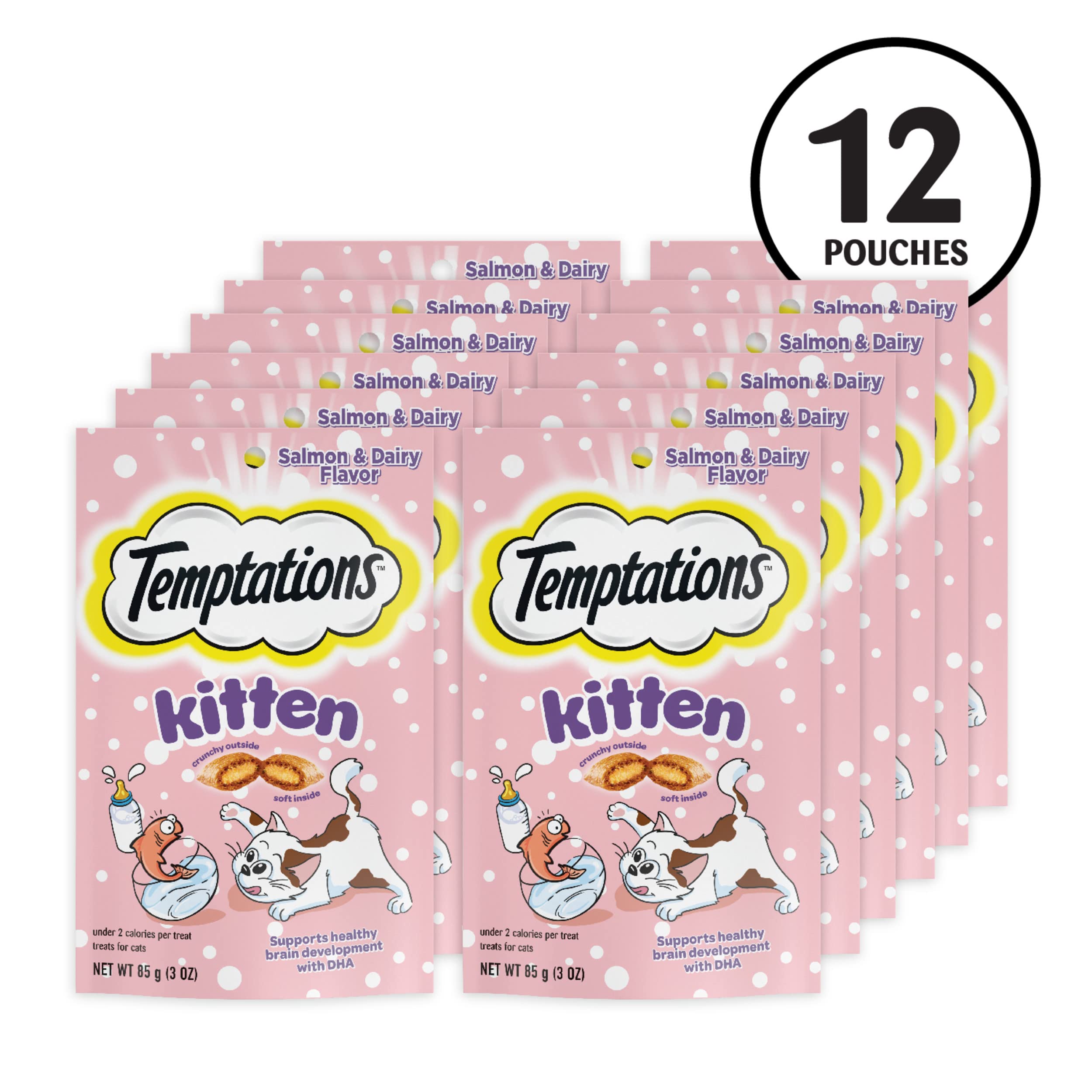 Temptations Kitten Crunchy and Soft Treats Salmon and Dairy Flavor, 3 oz. Pouch, (Pack of 12)