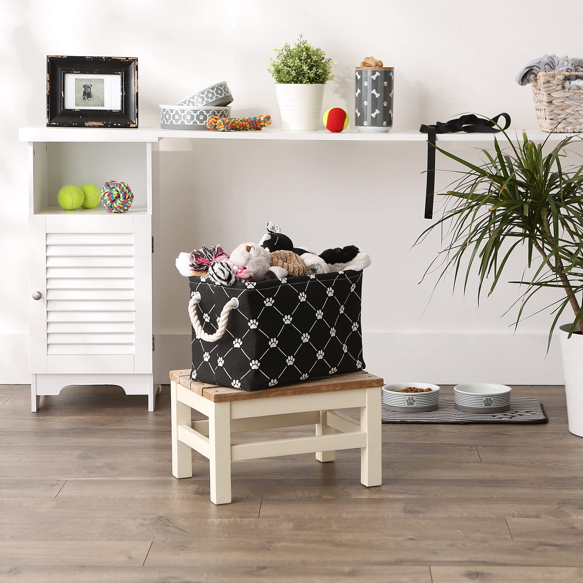 Bone Dry Pet Storage Collection Paw and Bone Print, Small Rectangle, 14x8x9, Black Trellis