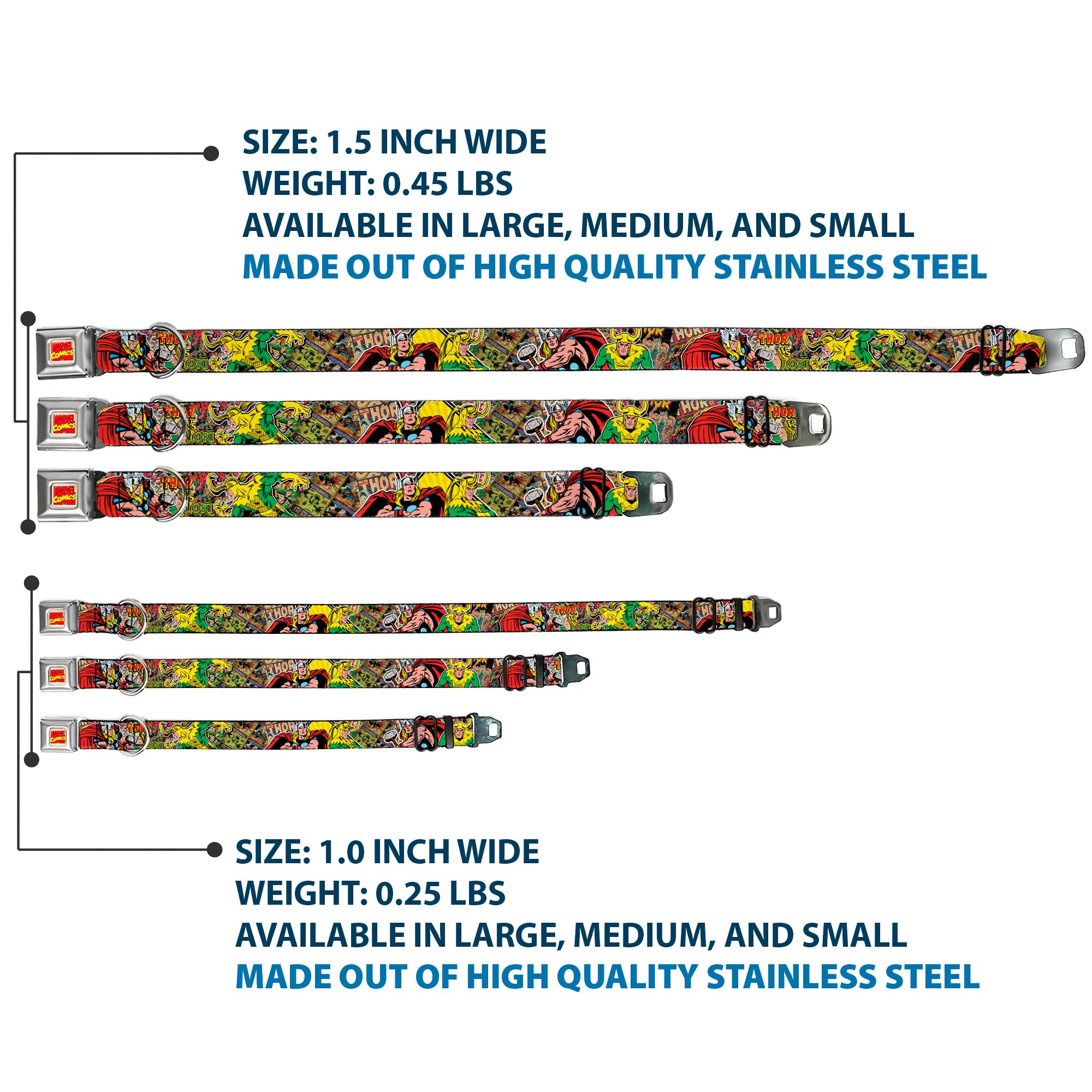 Buckle-Down Seatbelt Buckle Dog Collar - Thor & Loki Poses/Retro Comic Books Stacked - 1.5 Wide - Fits 18-32 Neck - Large