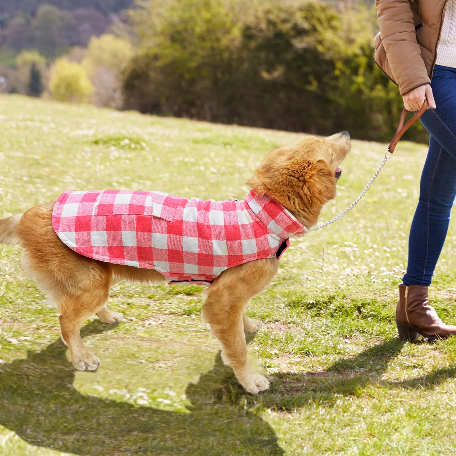 Malier Dog Winter Coat, Classic Plaid Fleece, Warm Vest for Large Dogs, Pink