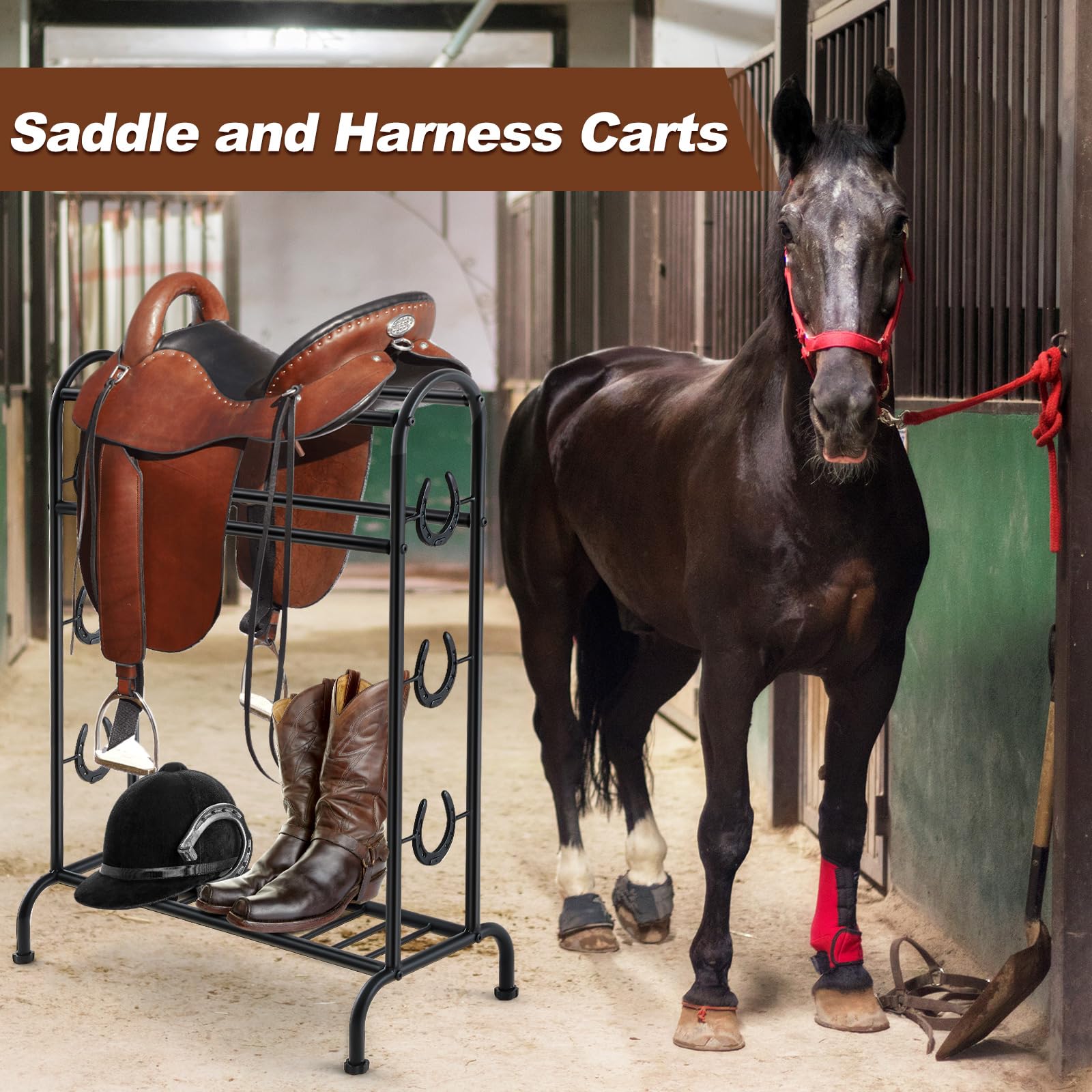 Blulu Saddle Stand, Horseshoe Trophy Horse Saddle Stand, Decorative Iron Horseshoe Motif, Ideal for Trophy Saddle Display Access