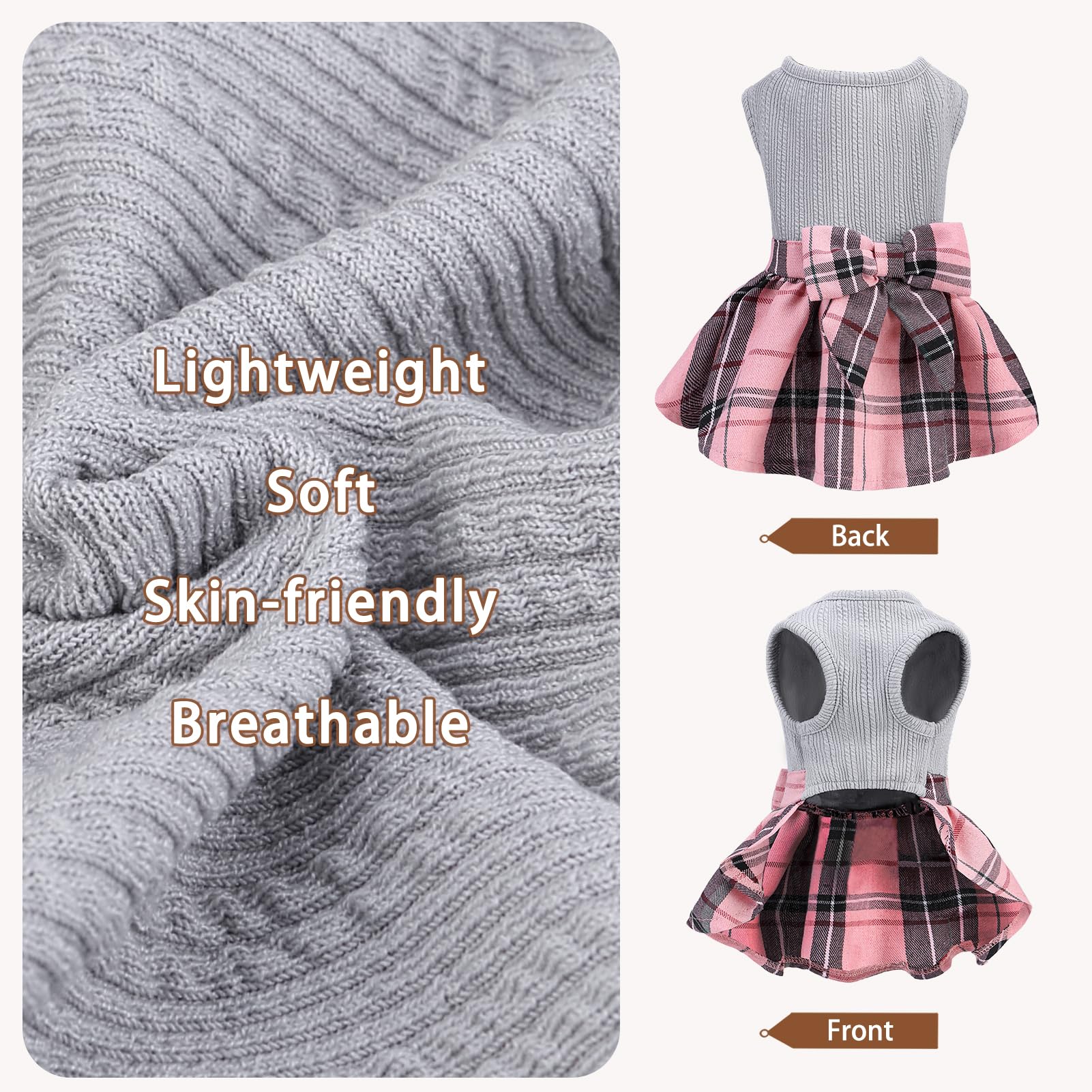 Pupteck Classic Plaid Dog Dress Pet Apparel With Cute Bowtie Puppy Clothes Outfit,Grey,S