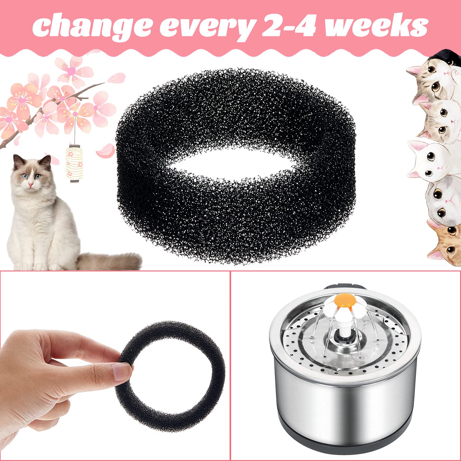 8 Pieces Pet Fountain Filter Pet Water Round Filter Foam For Cat Drink Fountain Cat Water Sponge Filter Cat Fountain Filter Sponge Replacement For 2.5 L/84 Oz 2.2 L/ 74 Oz Stainless Steel Cat Fountain