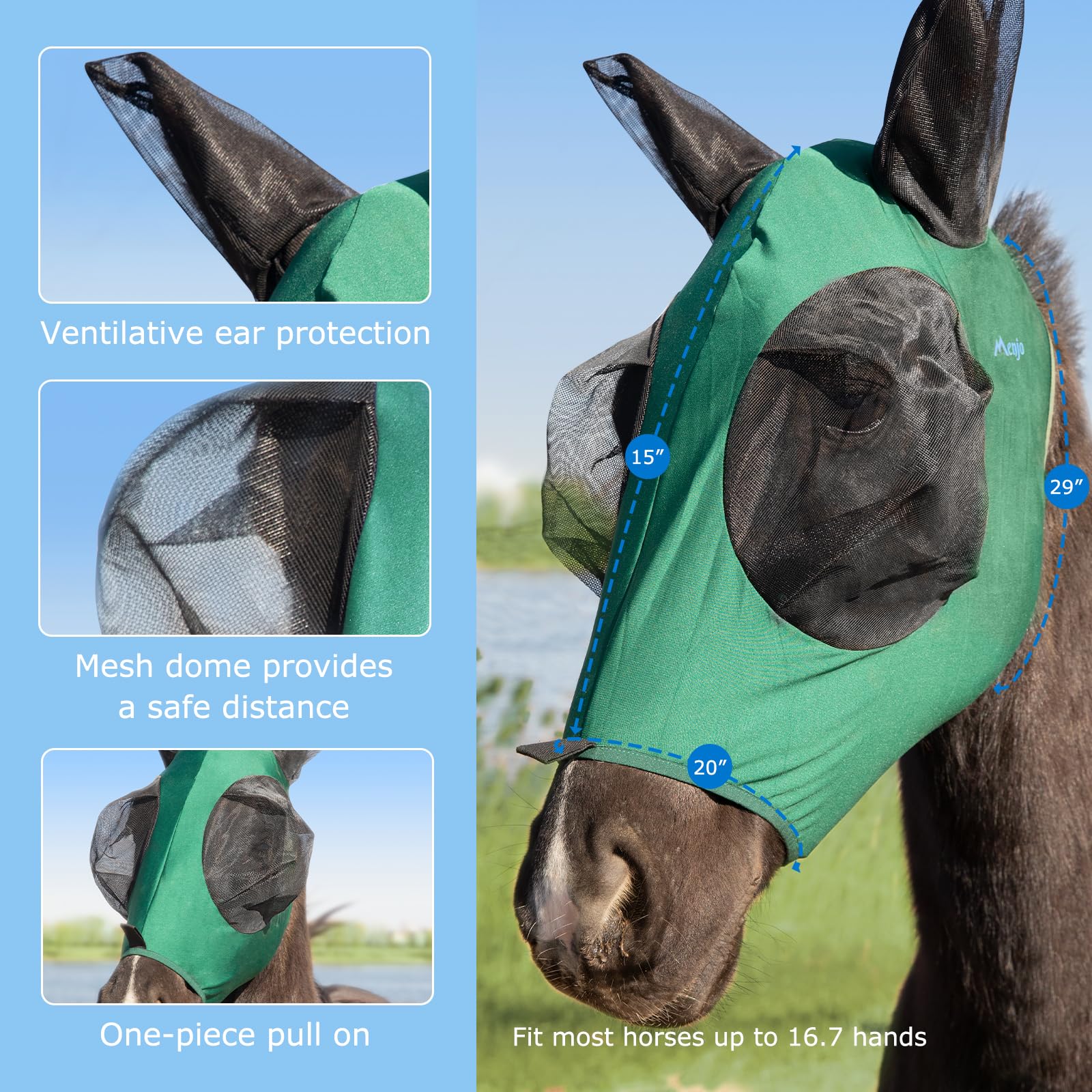 Stretchy Menjo Outdoors Horse Fly Mask with Ears, UV Protection for Horses, Breathable Comfortable Forest Green Fly Mask Suitabl