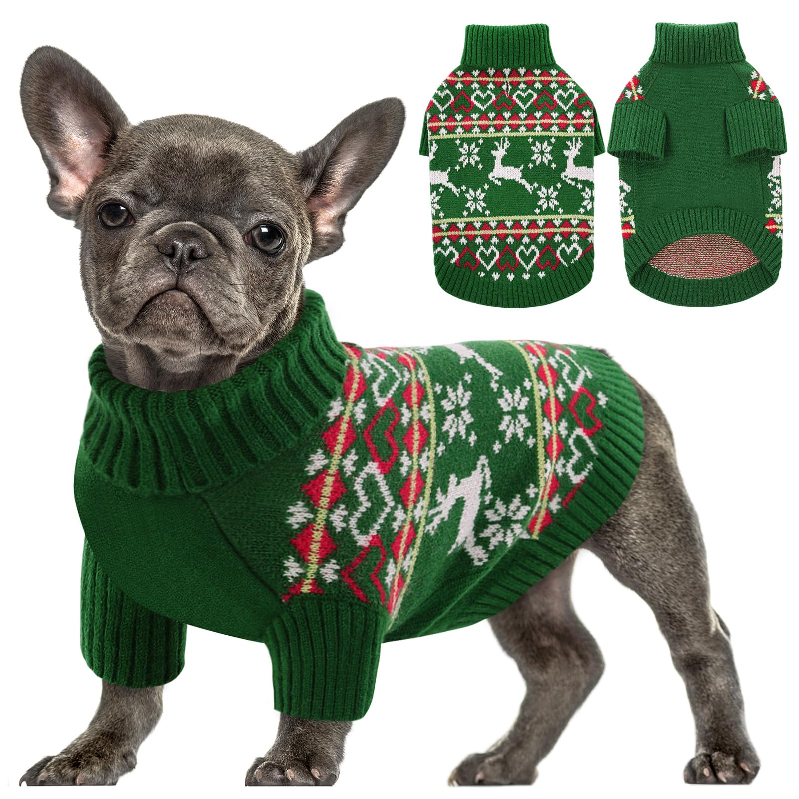 Queenmore Dog Christmas Sweater - Turtleneck Knitted Pullover Xmas Clothes, Warm Sweatshirt For Small Dogs, Boy & Girl, Xs