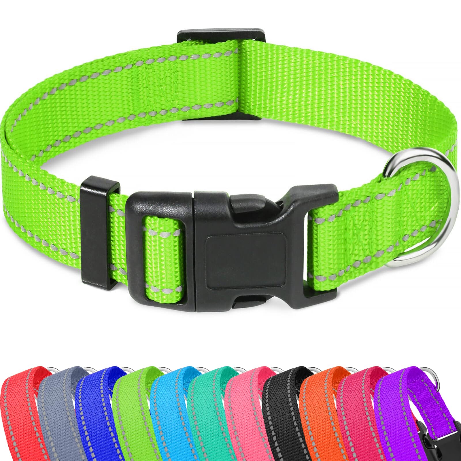 Taglory Reflective Adjustable Dog Collars For Puppy Small Medium Large Dogs, Thin Nylon Webbing And Quick Release Plastic Buckle(Green Medium)