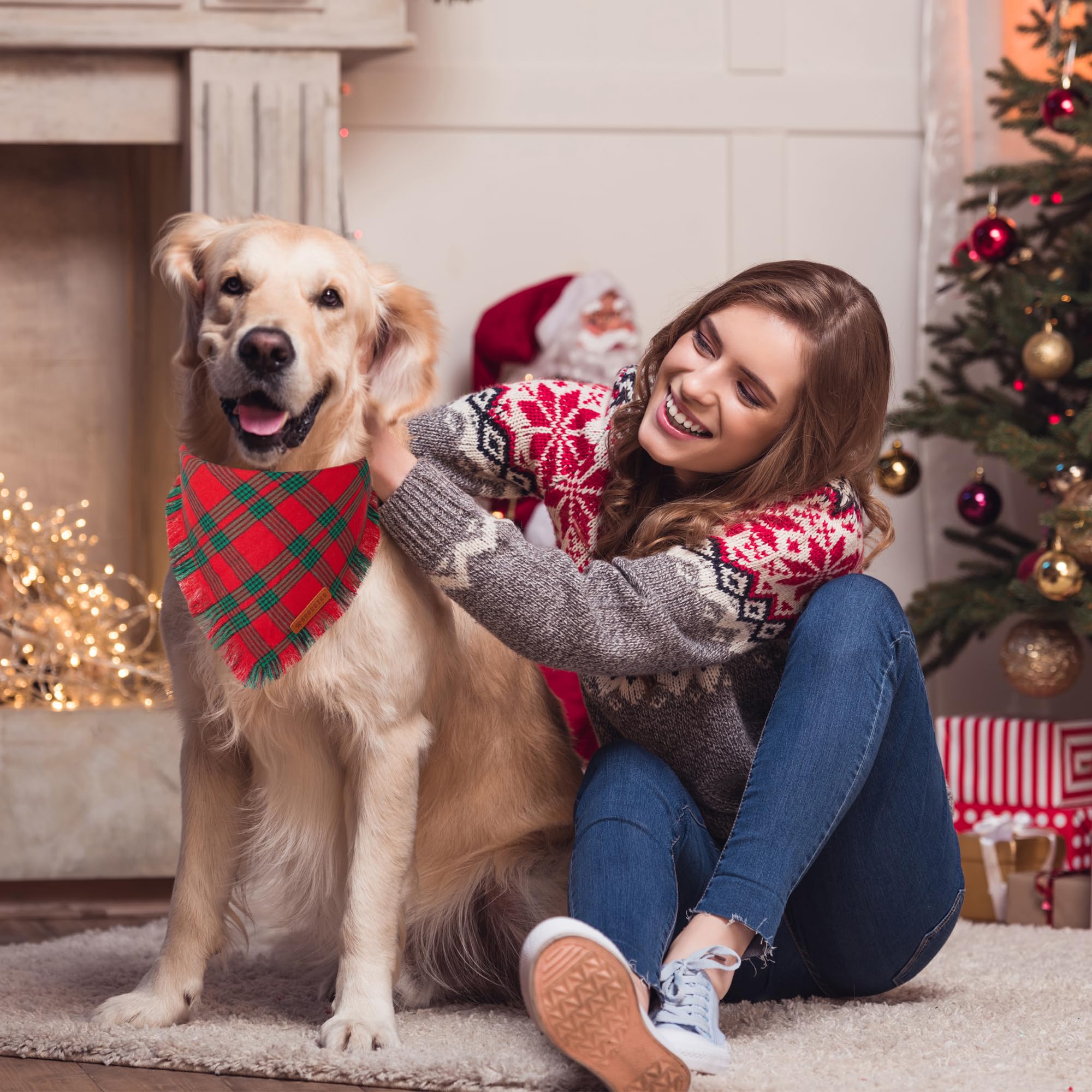 Adoggygo Christmas Dog Bandanas With Tassels Edges, Red Green Plaid Dog Christmas Scarf Bib, Multiple Sizes Offered, Christmas Bandanas For Large And Extra Large Dogs Pets (Christmas-2, X-Large)