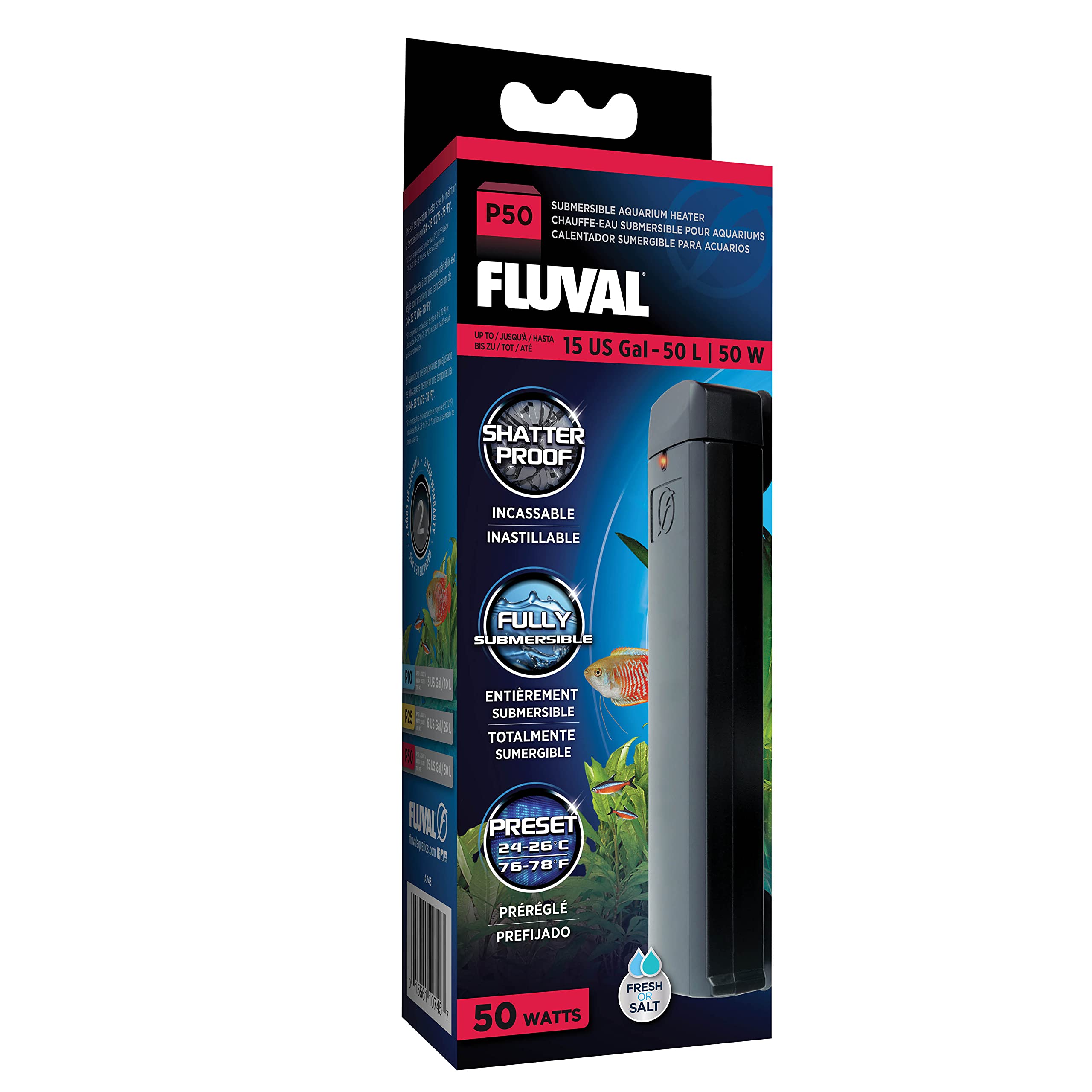 Fluval P50 Submersible Aquarium Heater – 50W, Preset 76-78°F For Freshwater & Saltwater Tanks Up To 15 Gal, Shatterproof, Fully Submersible, Led Indicator, Durable & Safe Fish Tank Heater
