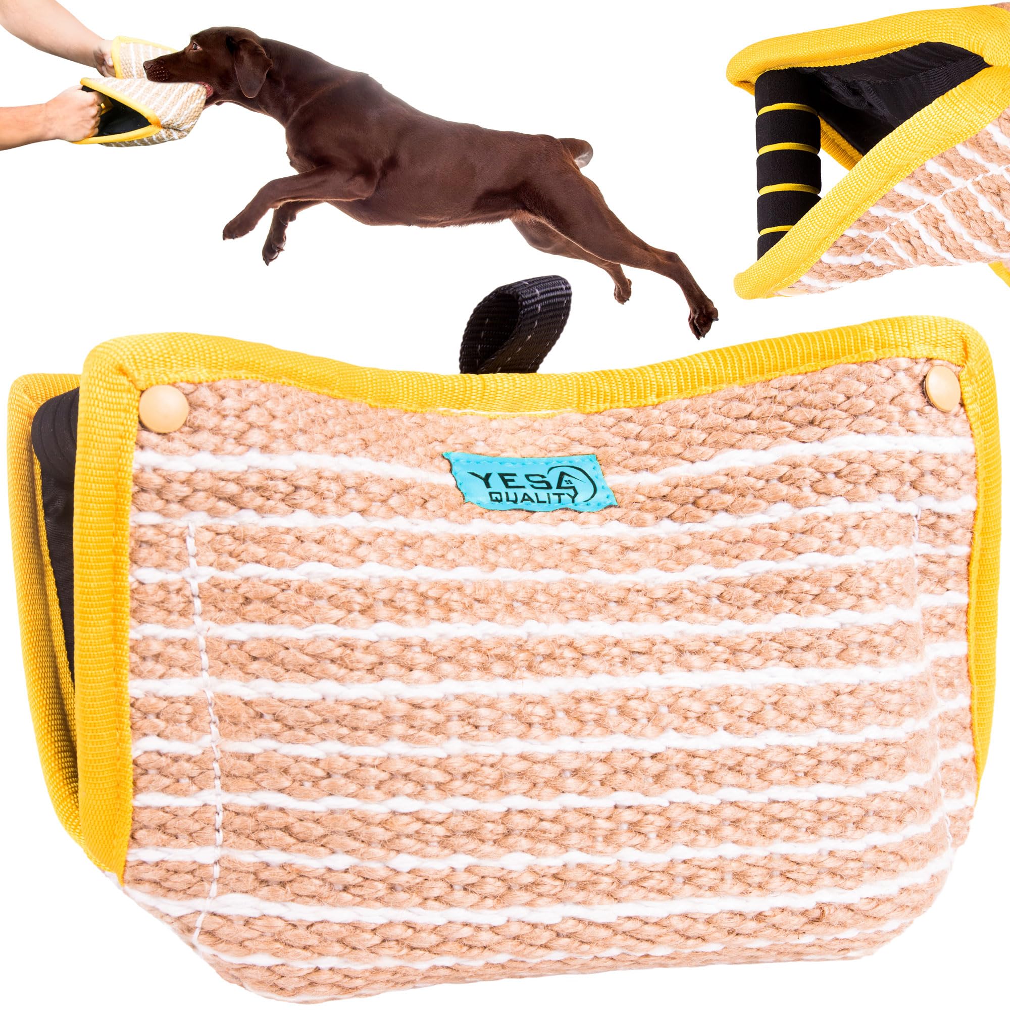 Yes4Quality Durable Dog Bite Wedge 13X10 Inches, Safe Biting Pillow W/ 2 Comfy & Strong Handles, Tough Jute Tug Toy For Med To Large Dogs, Ideal For Tug Of War, K9, Ipo Schutzhund & Puppy Training