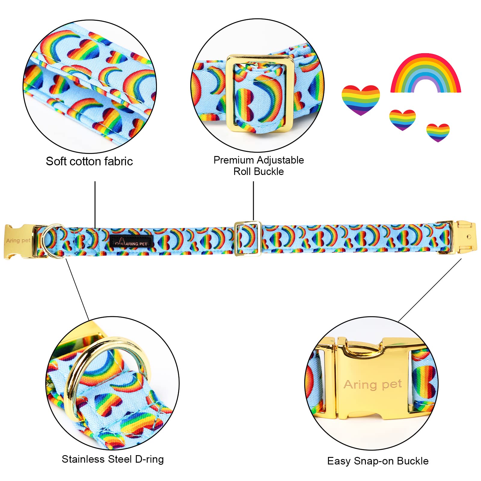 Aring Pet Lgbtq Dog Collar, Cotton Rainbow Heart Dog Collar With Bow, Adjustable Pride Dog Collar Bowtie With Metal Buckle For S