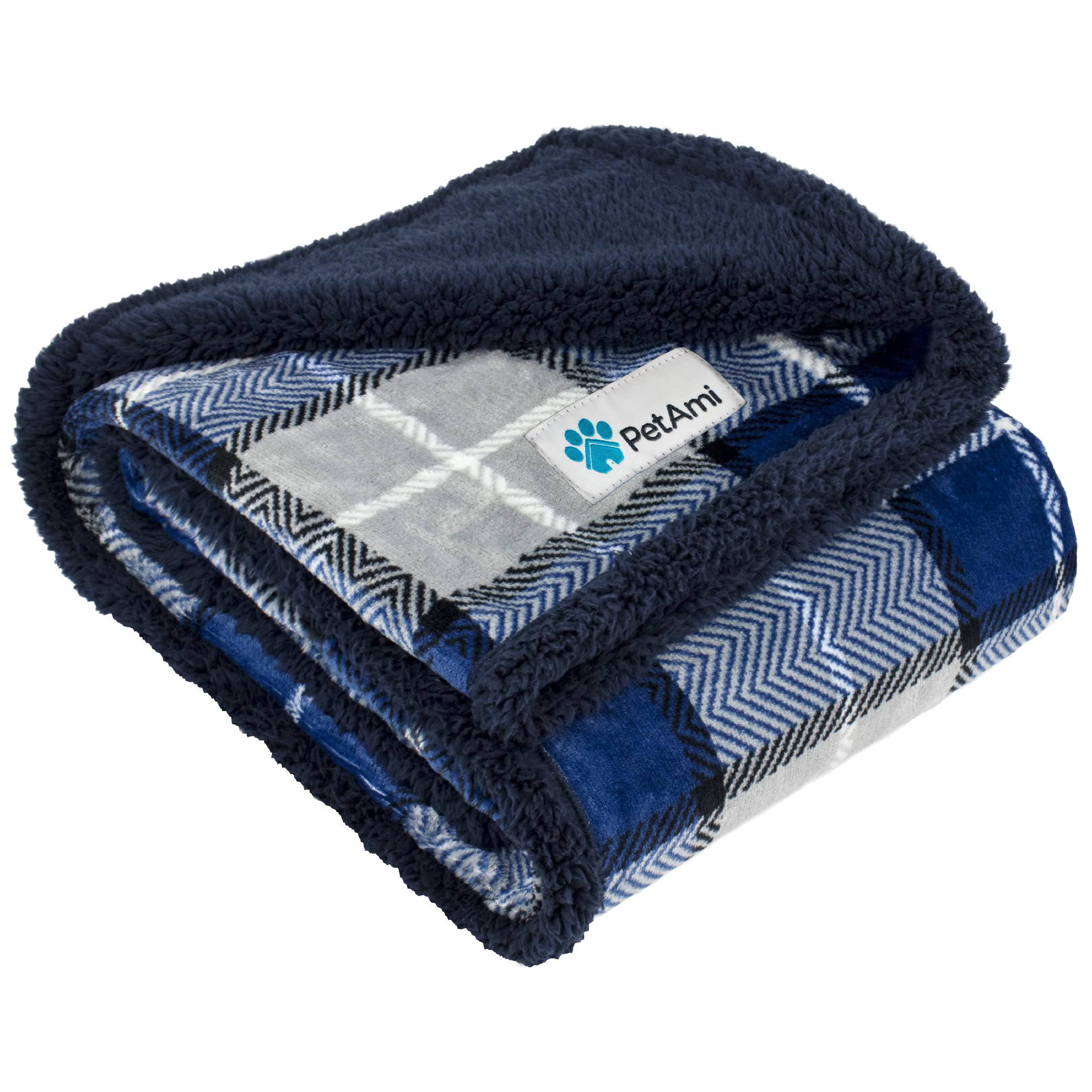 Petami Dog Blanket For Medium Large Dogs, Pet Bed Blanket Cat Puppy Kitten, Fleece Furniture Couch Cover Protector Sofa Car, Soft Sherpa Dog Throw Plush Reversible Washable, 40X60 Plaid Navy Blue