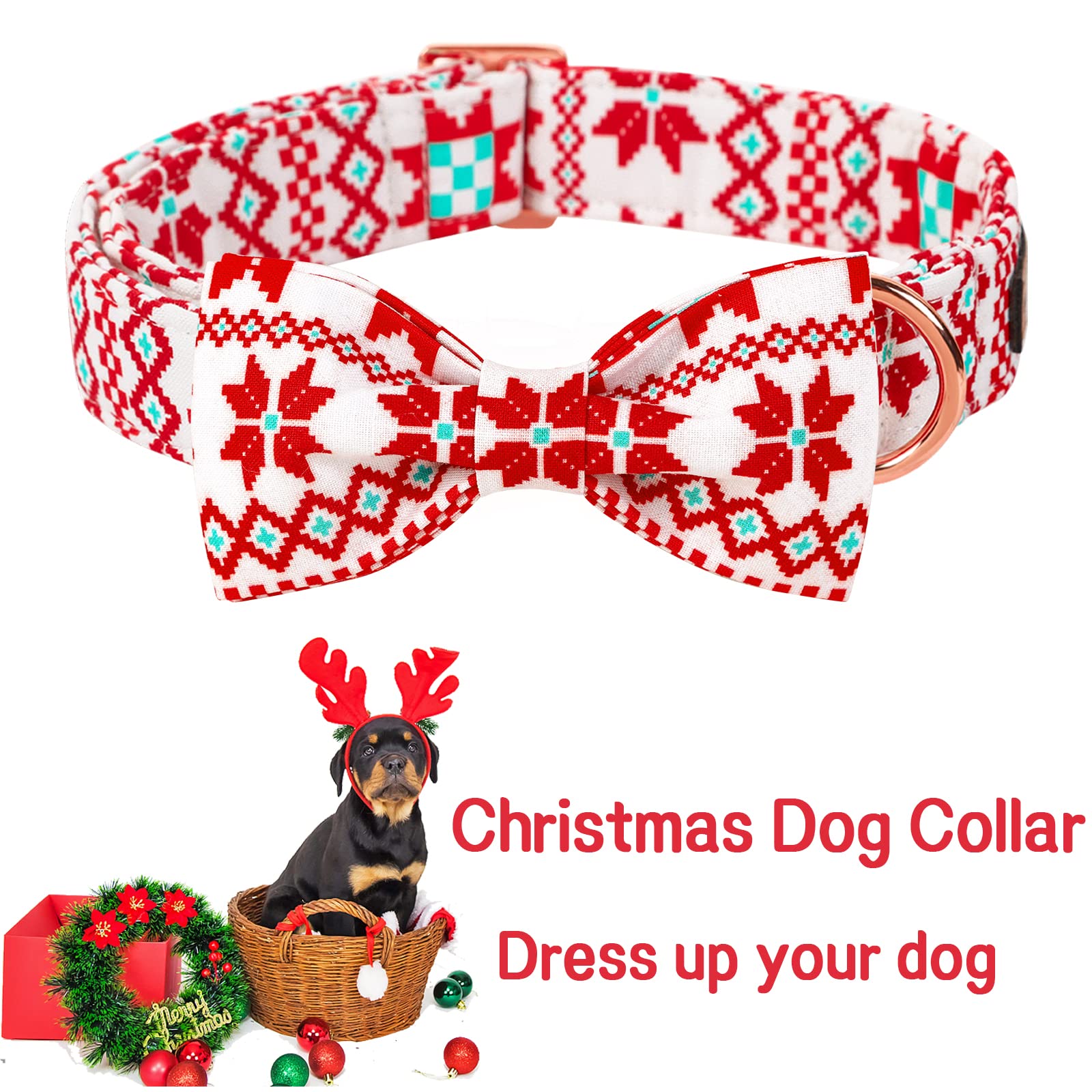 Unique Style Paws Christmas Dog Collar With Bow Tie Red White Grid Cotton Collar Adjustable Puppy Plaid Collar For Small Medium Large Dogs-Xl