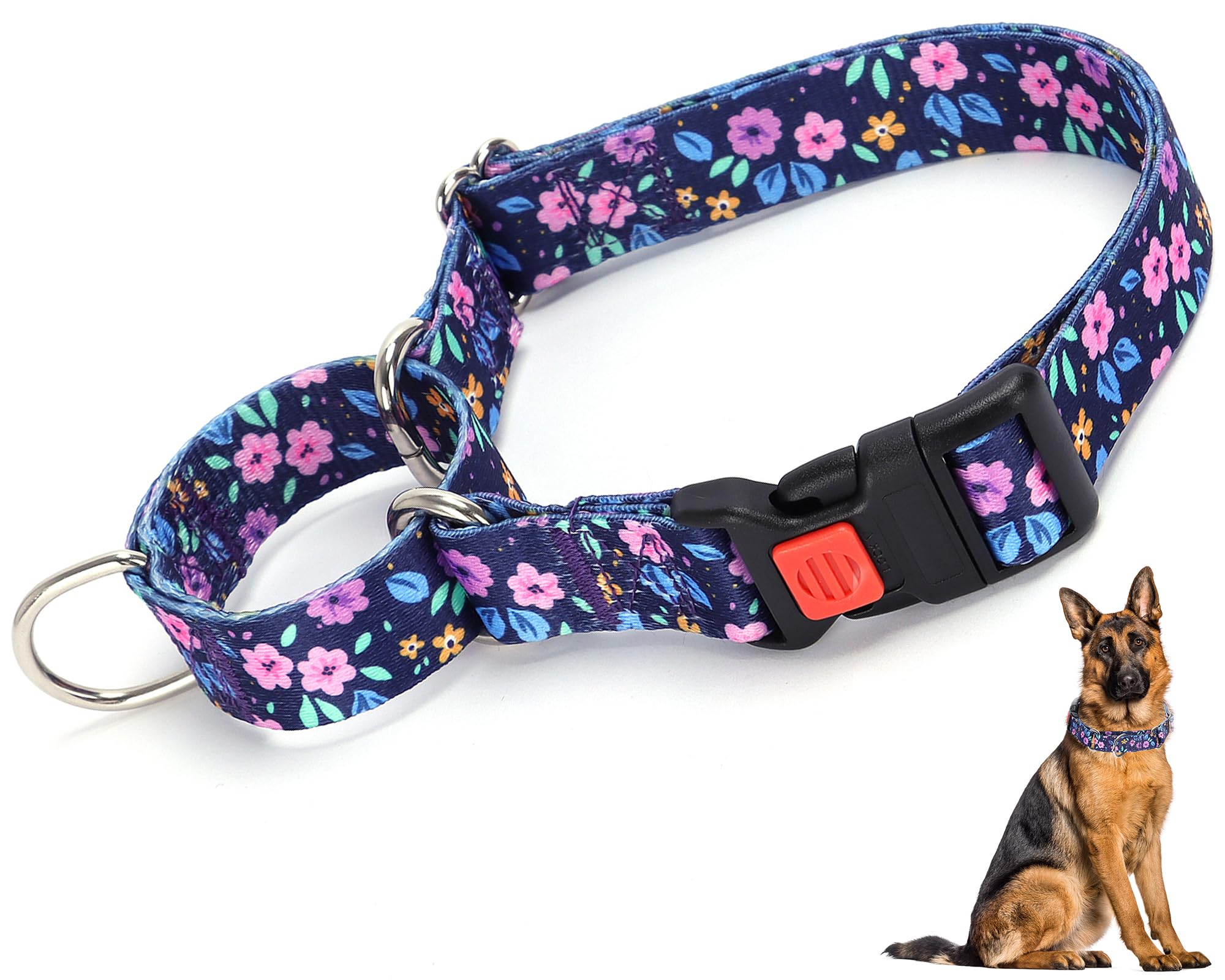 Martingale Collar For Medium Dogs, Heavy Duty Training Collars With Bull Flower Design, Adjustable No Slip Collar With Safety Bu