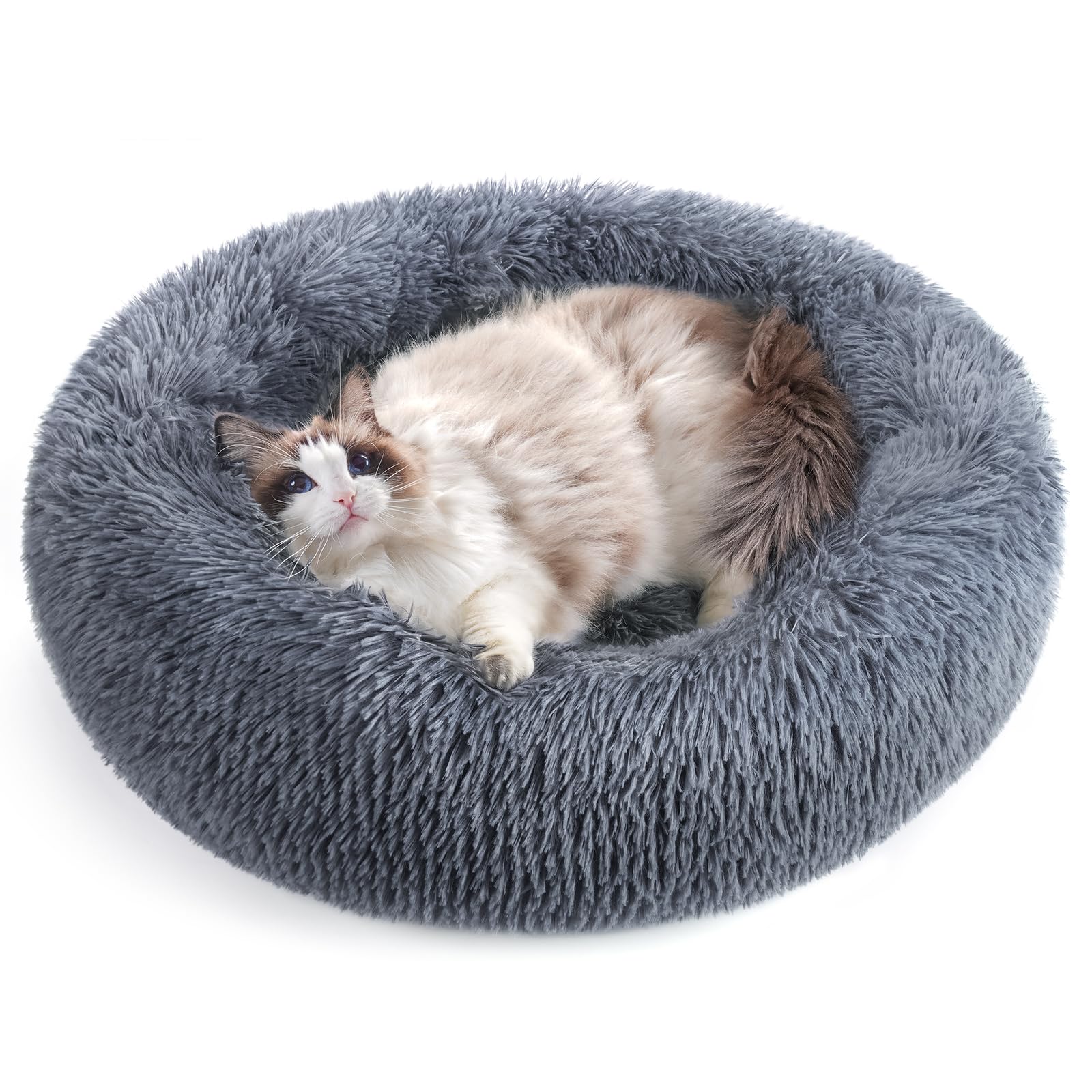 Rabbitgoo Cat Beds For Indoor Cats, 24 Inches Cat Bed Machine Washable, Fluffy Round Pet Bed Non-Slip, Calming Soft Plush Donut Cuddler Cushion Self Warming For Small Dogs Kittens, Dark Grey, Large