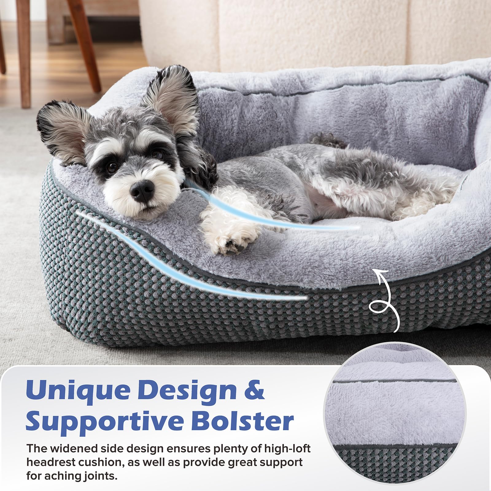 INVENHO Small Dog Bed, Orthopedic Cotton Cat Bed, Washable, Anti-Slip, Grey, Size S (20"x19"x6")