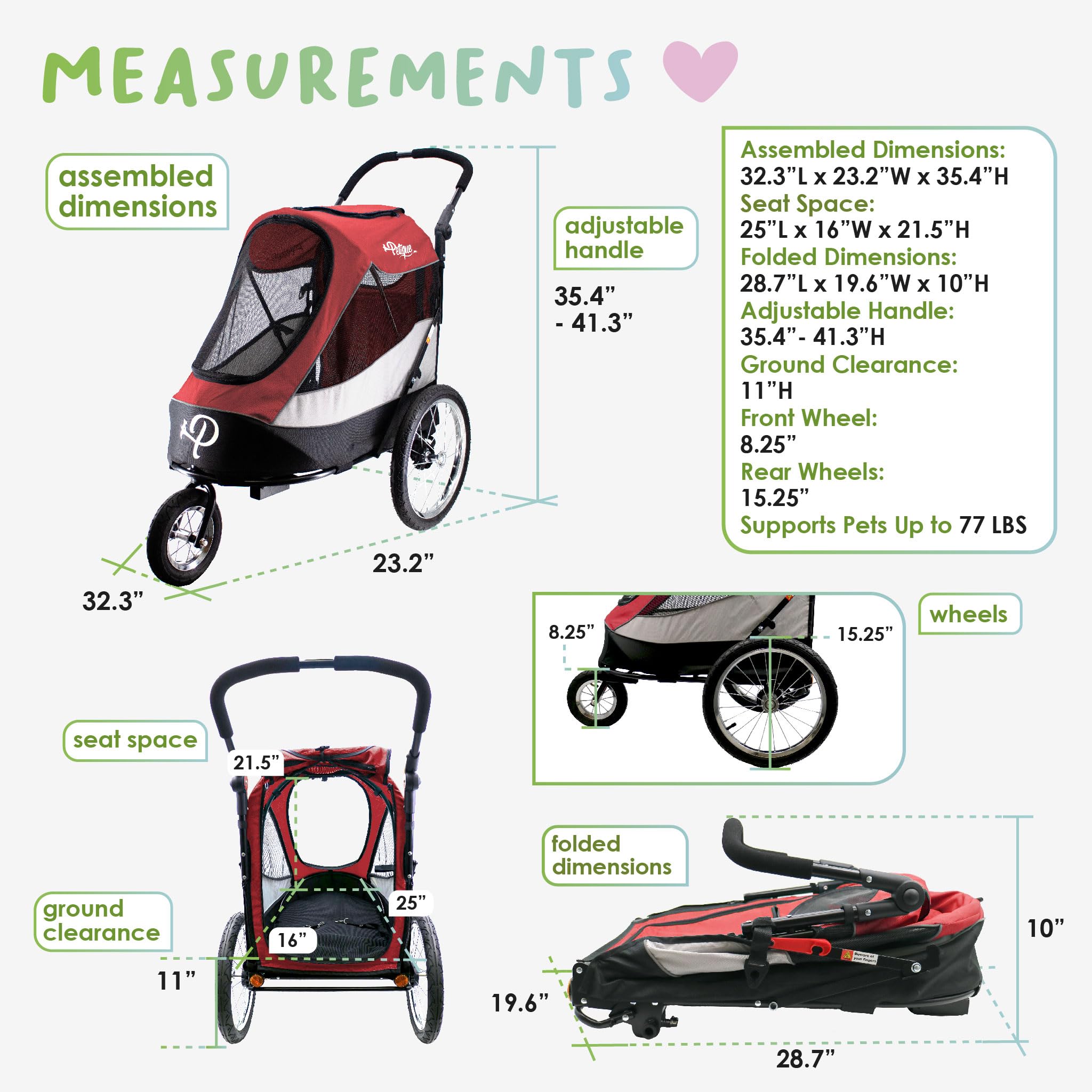 PETIQUE Trailblazer Pet Jogger/Stroller, Bike Trailer for Dogs & Cats, 32.3"L x 23.2"W x 41.3"H, Red, Supports up to