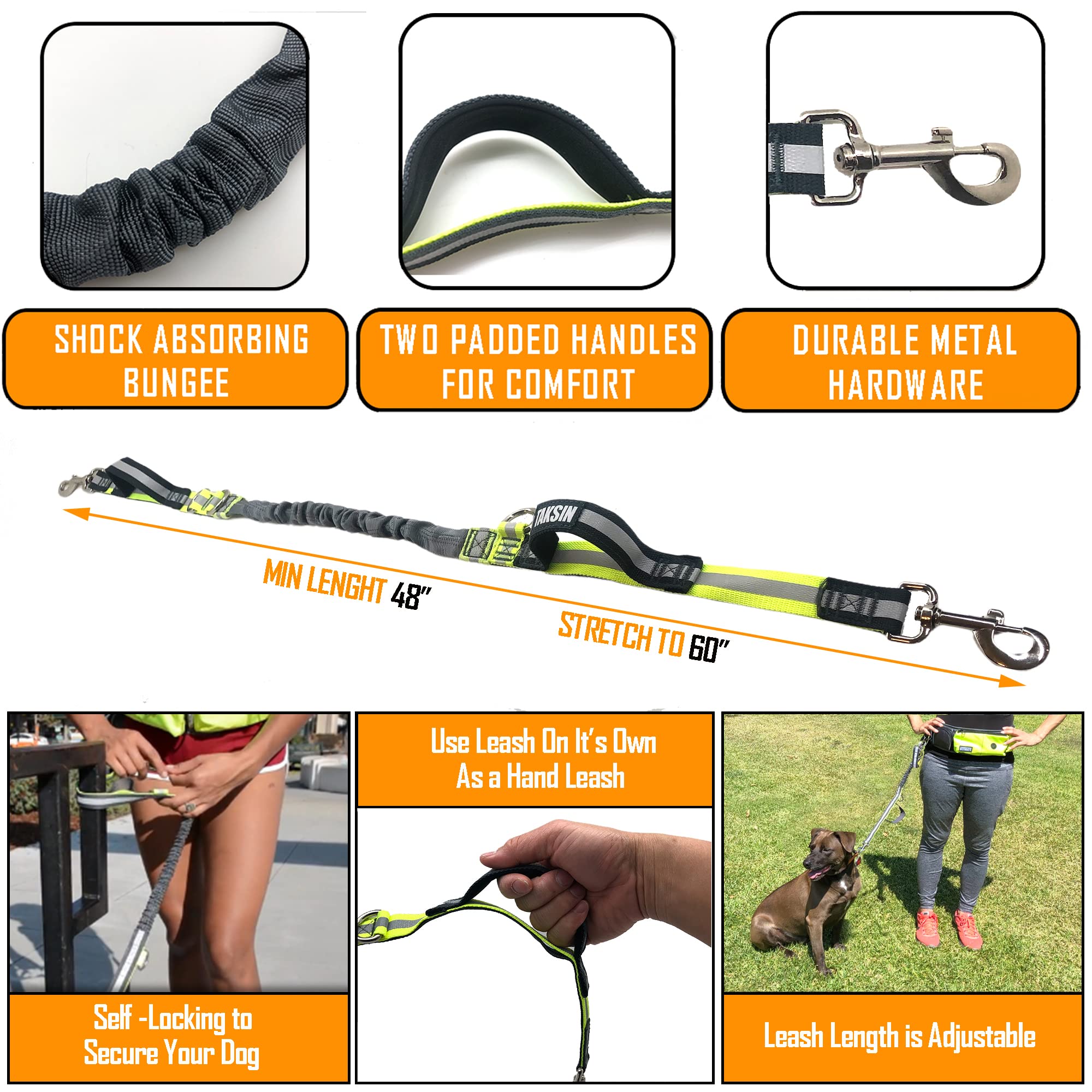 TAKSIN Hands-Free Dog Leash System, Reflective Bungee, Treat Holder, Poop Bag Dispenser, Grey, One Dog