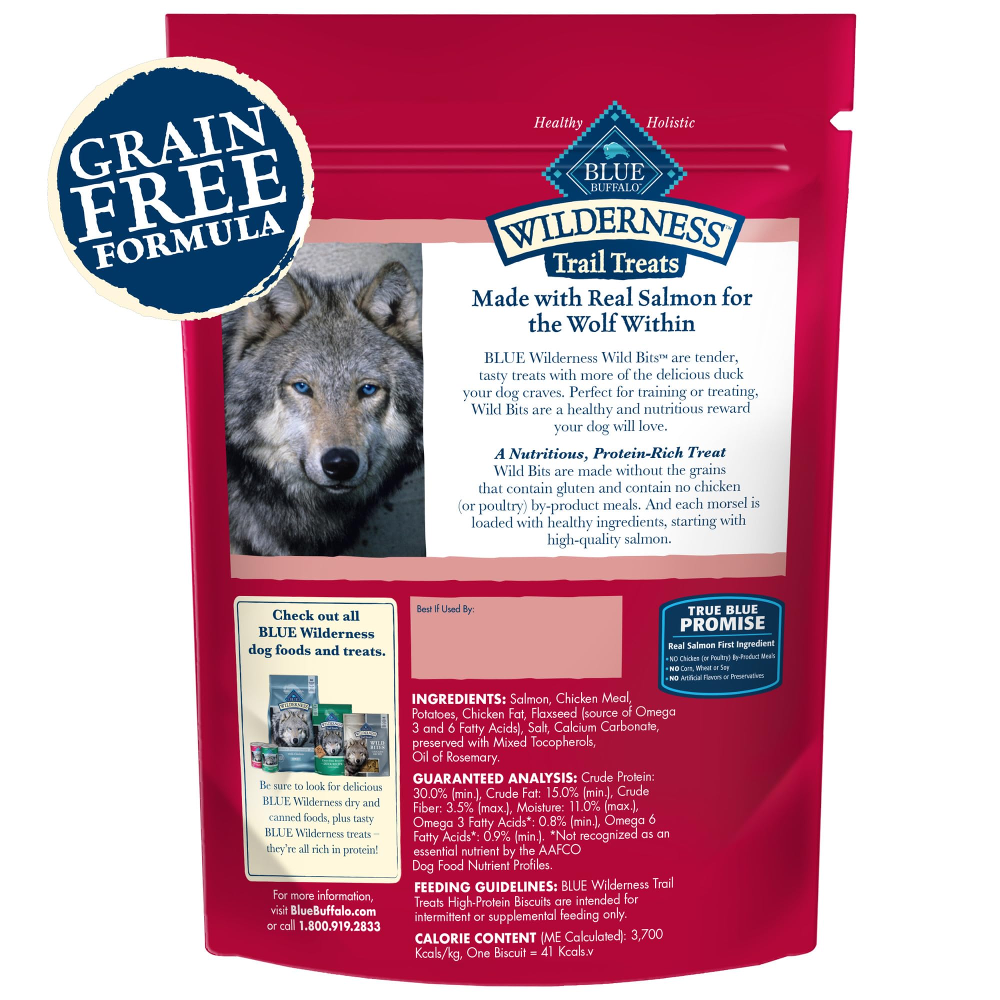 Blue Buffalo Wilderness Trail Treats Wild Bits High Protein Grain Free Soft-Moist Training Dog Treats, Salmon Recipe 4-oz Bag