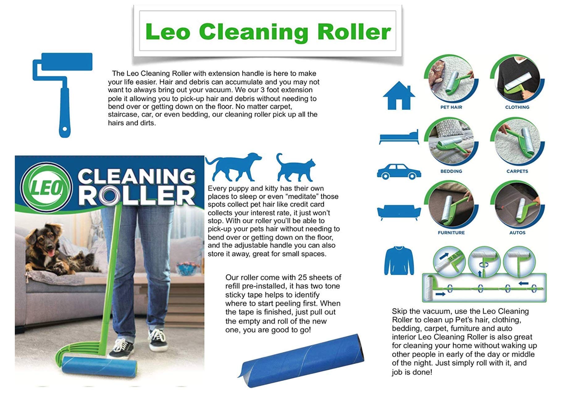 Leo cleaning Roller with extendable Handle Plus 3 Refills. Total 175 Sheets Pets Hair Remover & Household cleaning great for Dog