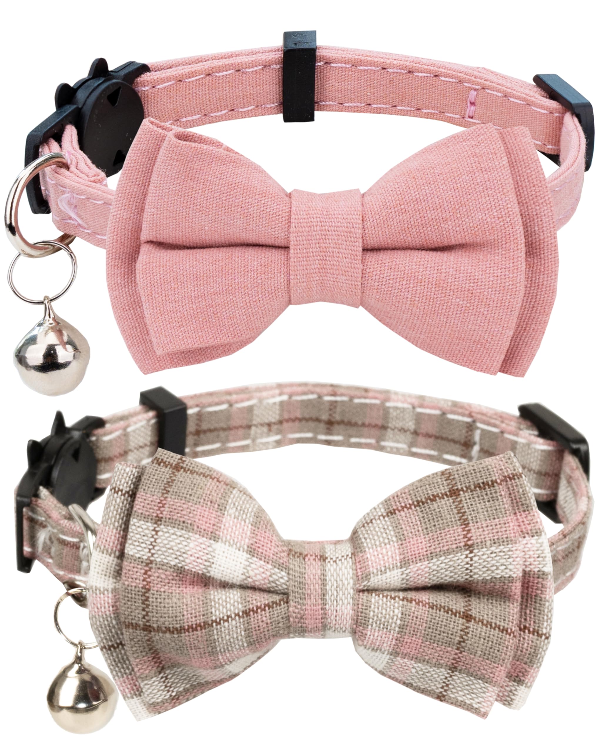 Gyapet Cat Collar Breakaway Bowtie Safety With Bell Adjustbale Kitten Puppy Solid Plaid Color Set D-[2Pcs] Pink-2