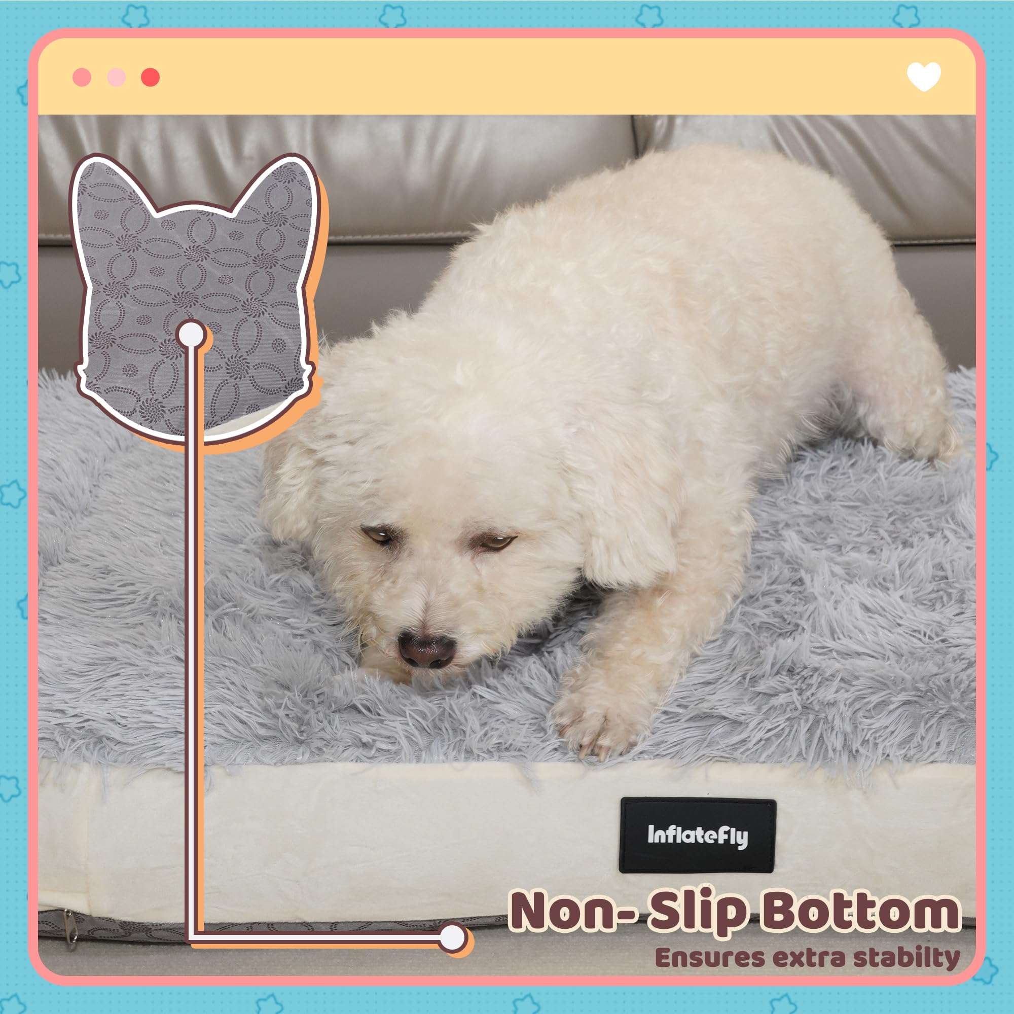 Inflatefly Dog Bed Washable Pet Bed With Waterproof Air Mattress (Fluffy Plush, L-41.3X29.5X4.7In)
