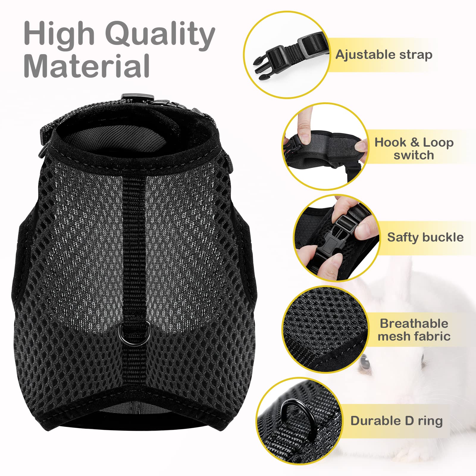 Pettom Bunny Rabbit Harness With Stretchy Leash Cute Adjustable Buckle Breathable Mesh Vest For Kitten Small Pets Walking (L(Che