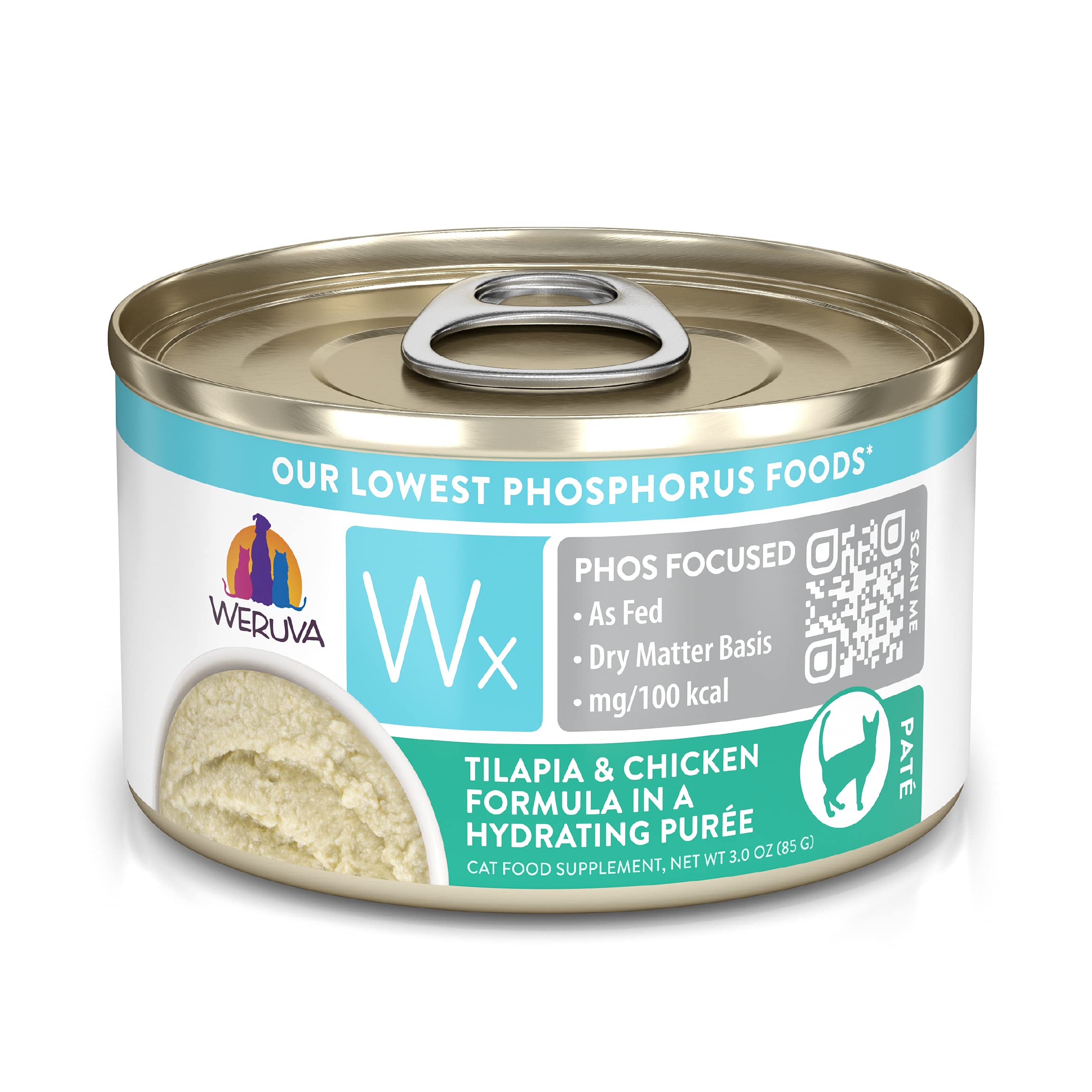 Weruva Wx Phos Focused, Tilapia & Chicken Formula in a Hydrating pur  e, 3oz Can (Pack of 12)