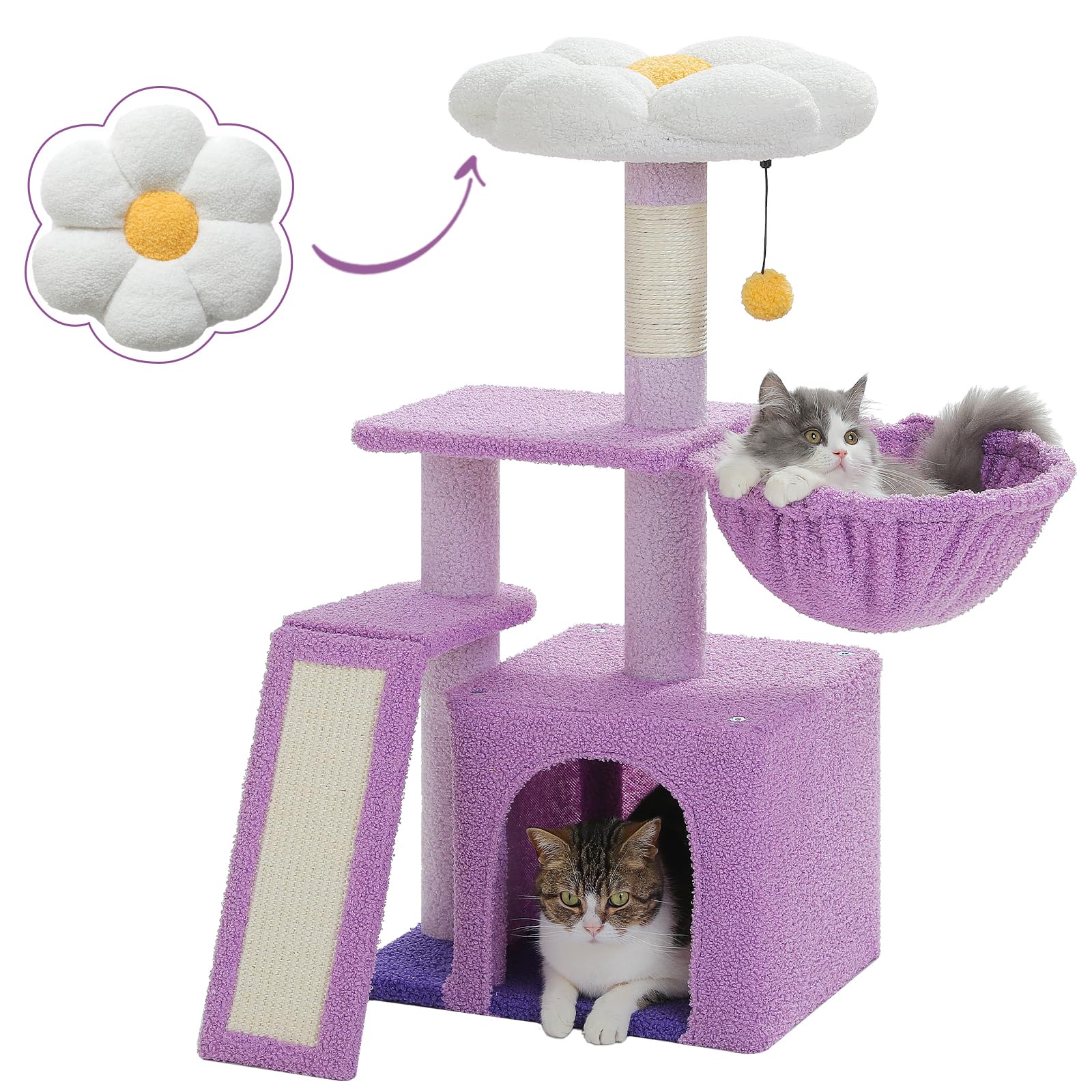 Petepela Flower Cat Tree For Indoor Cats, 32'' Small Cat Tower Cat Condo With Sisal Scratching Ramp, Cozy Hammock And Removable 