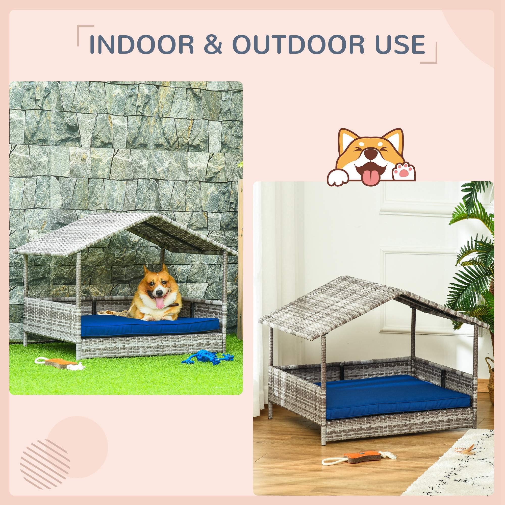 PawHut Wicker Dog House Elevated Raised Rattan Bed for Indoor/Outdoor with Removable Cushion Lounge, Dark Blue
