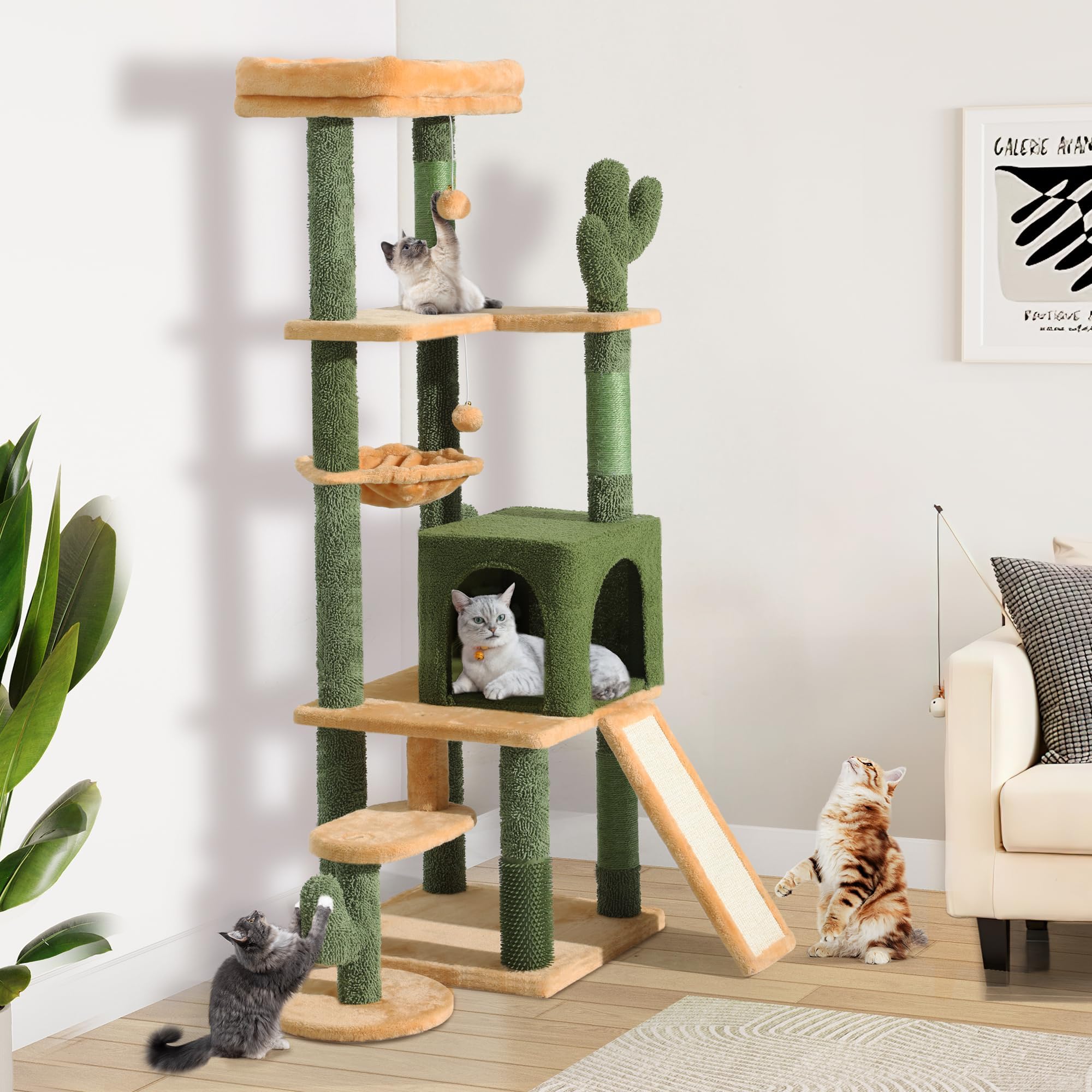 Yitahome Tall Cactus Cat Tree Tower With Self-Grooming Brush, 60In Cute Cat Climbing Tower For Indoor Cats With Cat Condo, Top P