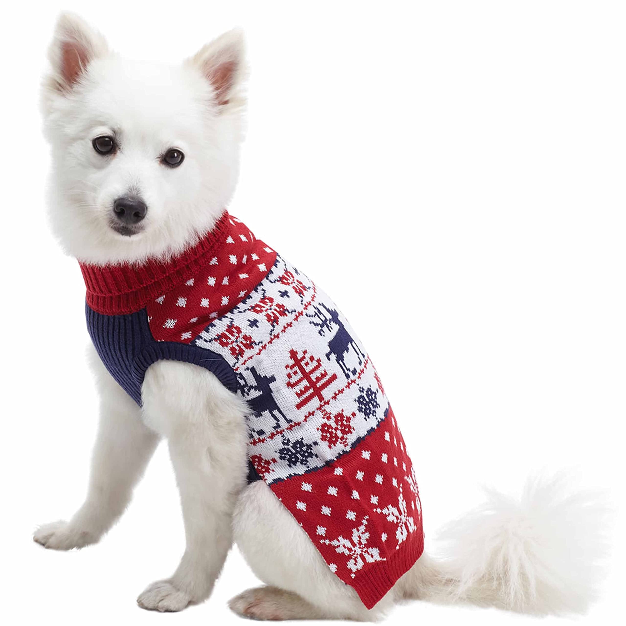 Blueberry Pet Christmas Tree And Snowflake Dog Sweater In Festive Red, Back Length 12', Pack Of 1 Clothes For Dogs
