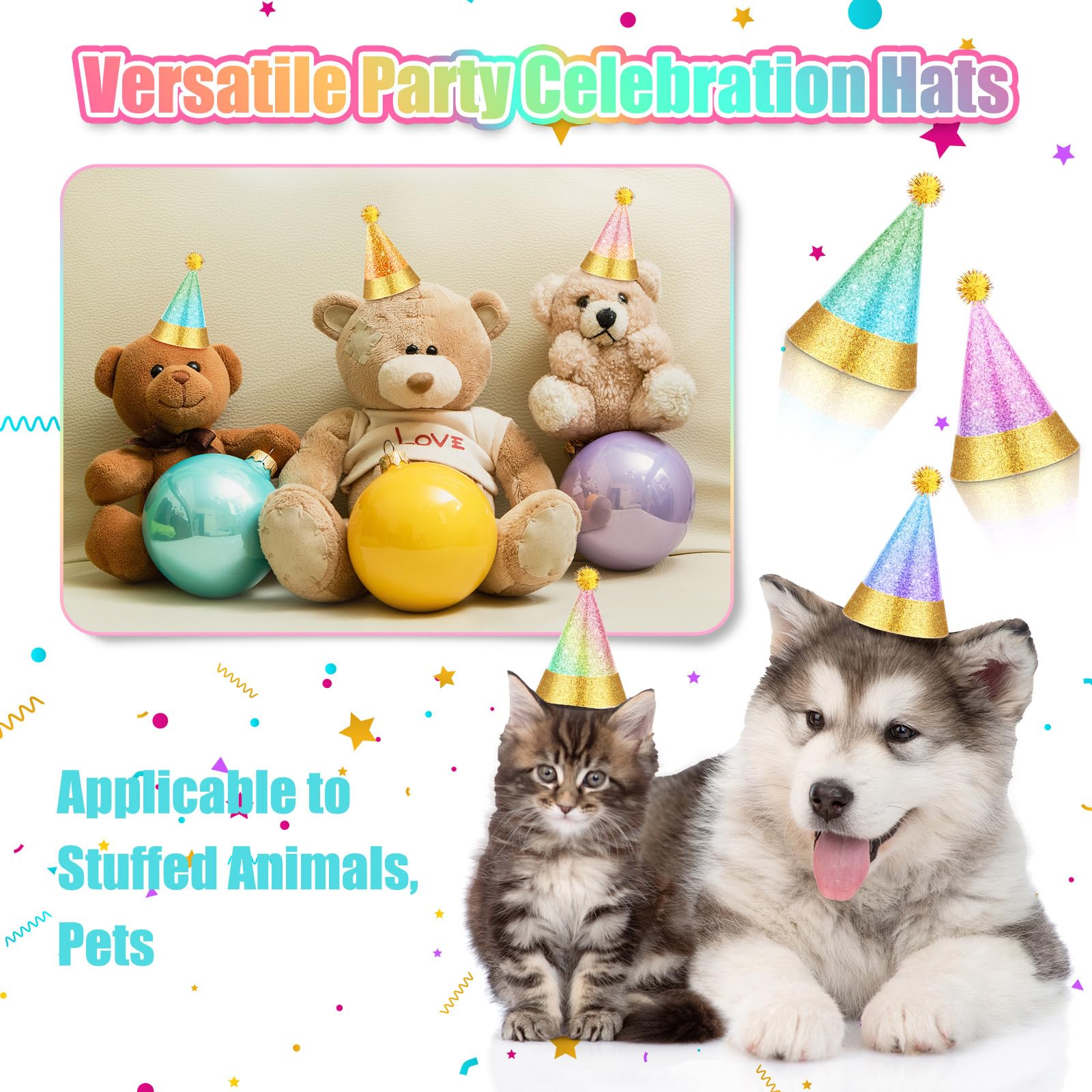 Sonwyoung 40 Pcs Mini Party Hats With Pompoms, Glitter Stuffed Animals Birthday Party Cone Hat For Stuffed Animals Pets Party