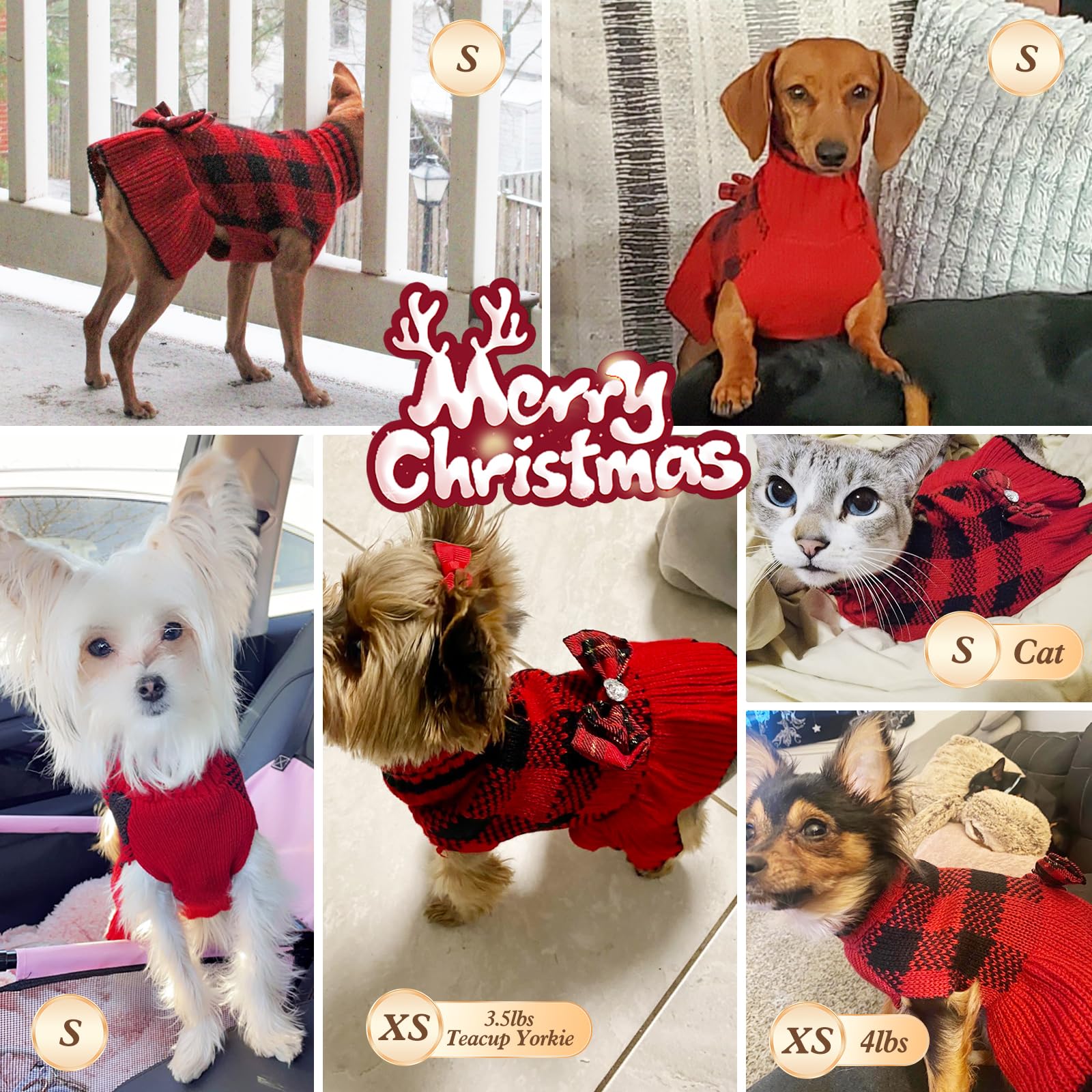 Kyeese Christmas Dog Sweater Dress With Bowtie Plaid Dogs Sweater For Small Dog Cat With Leash Hole
