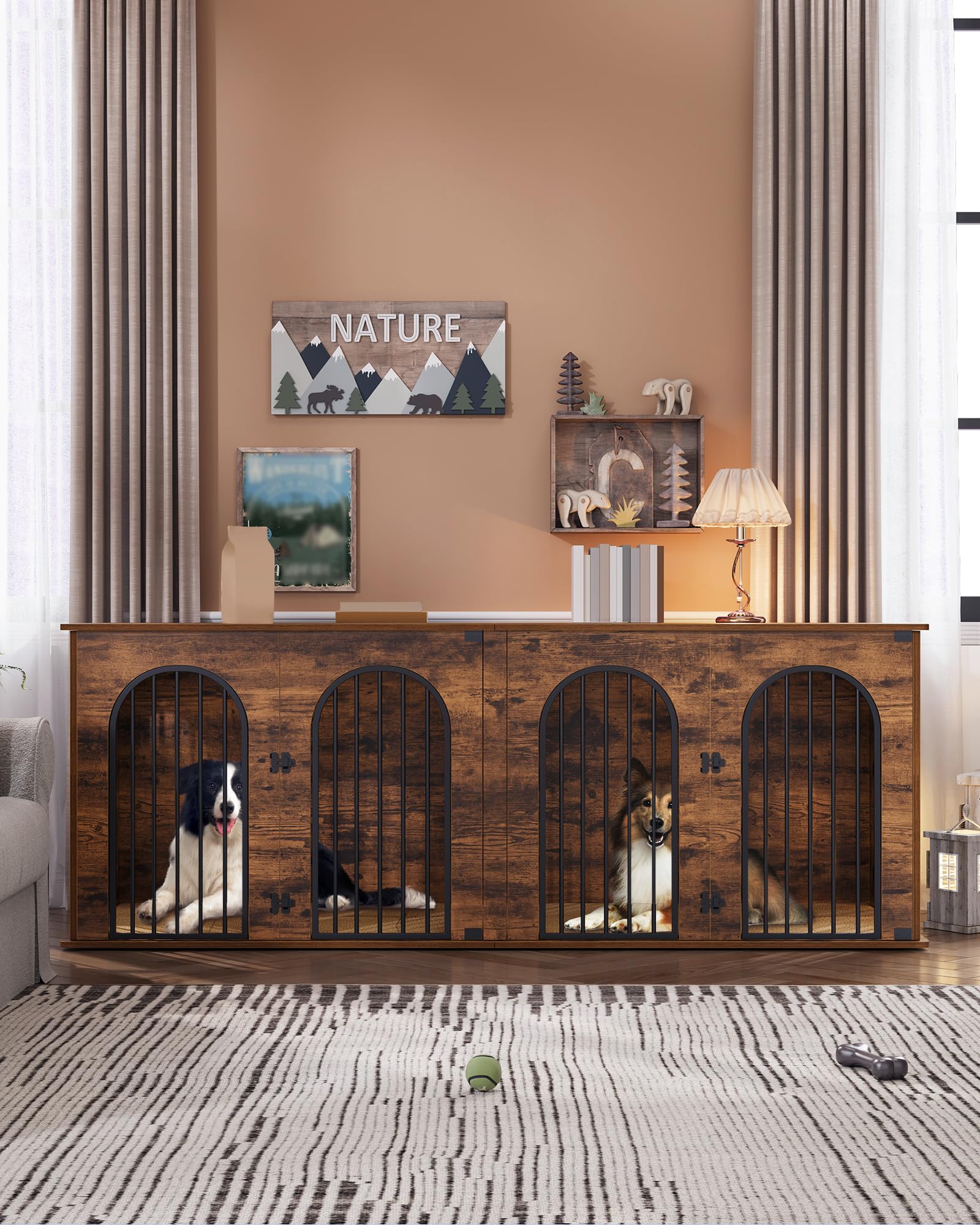 Hzuaneri 88.4 Dog Crate Furniture for 2 Dogs, Heavy Duty Indoor Dog Kennel TV Stand, XXL Wooden Dog Cage with Divider for Medium