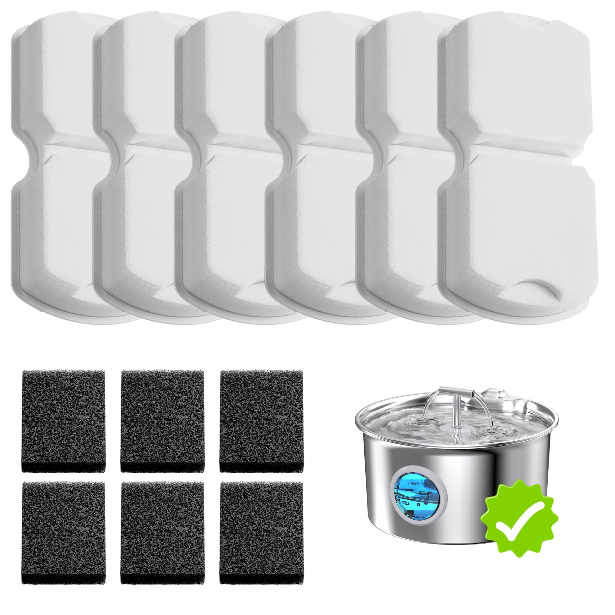 UMOCUOY Cat Water Fountain Filter: 12 Pet Fountain Replacement Screen for Stainless Steel - 6 Carbon Filters & 6 Foam Filters - 