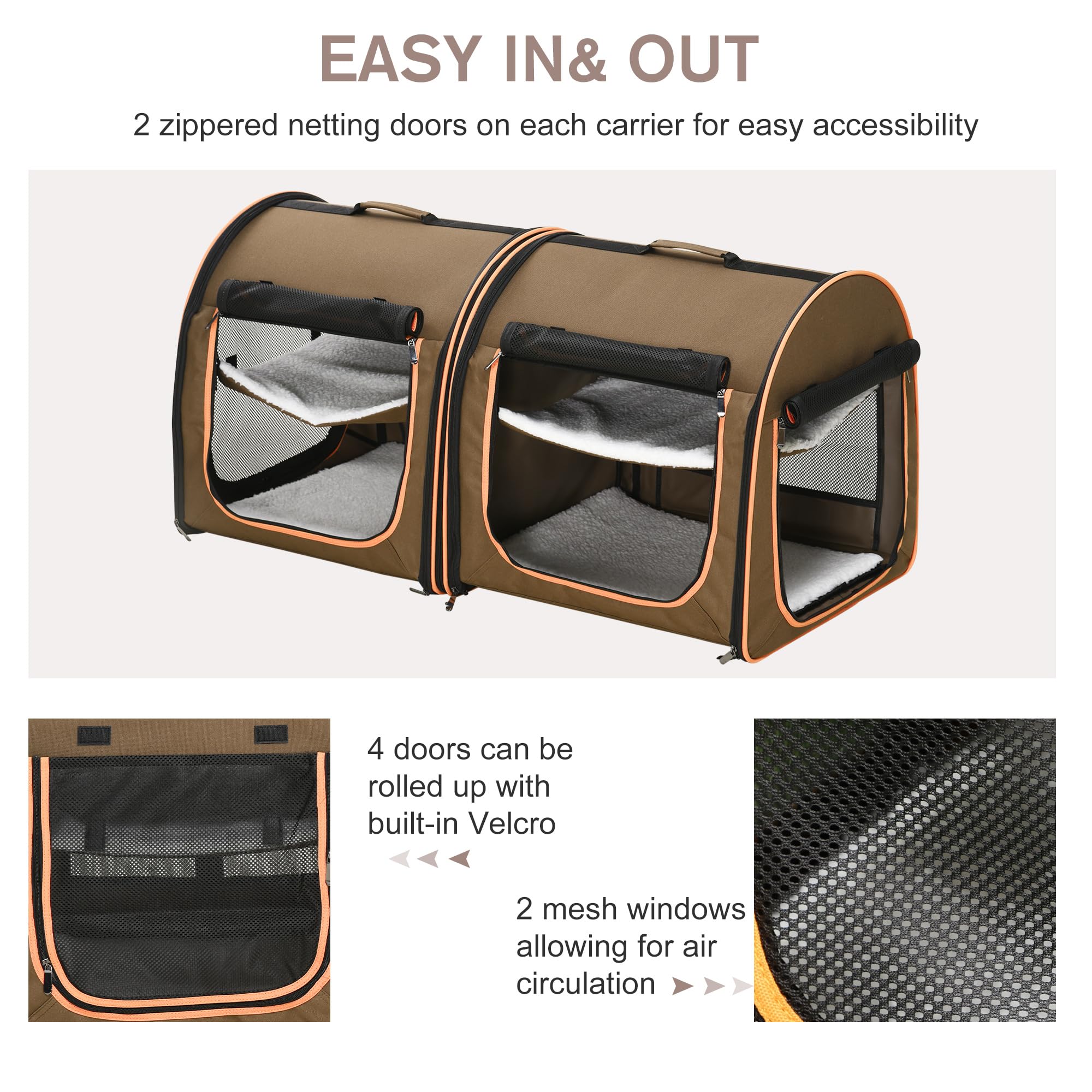 Pawhut 39' Portable Soft-Sided Cat Carrier, Travel Pet Carrier With Divider, Two Compartments, Soft Cushions, & Storage Bag, Brown