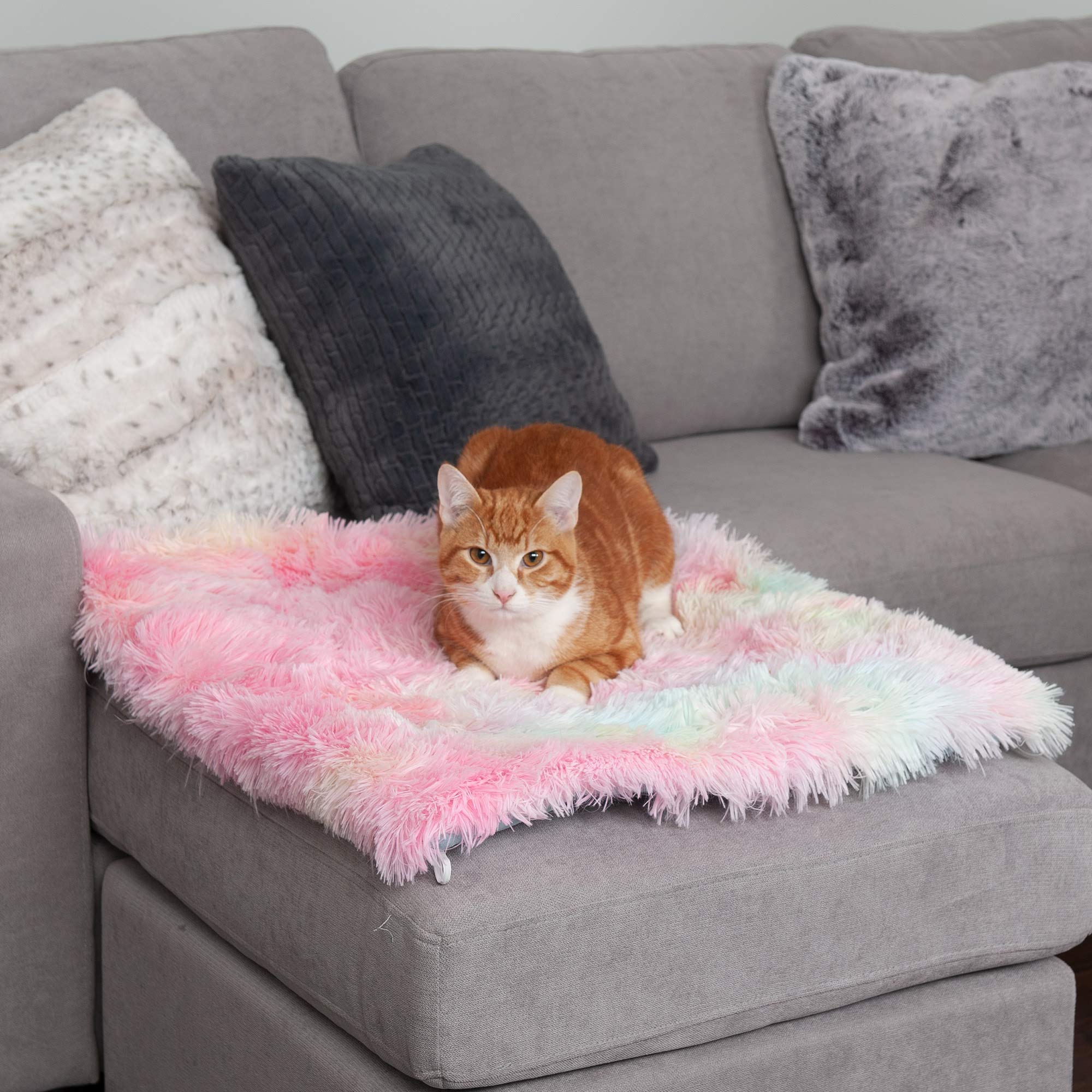 Furhaven Self-Warming Cat Bed for Indoor Cats, 4-Beds-in-1 & Washable - Plush Long Faux Fur Convertible Cuddler - Rainbow, Small