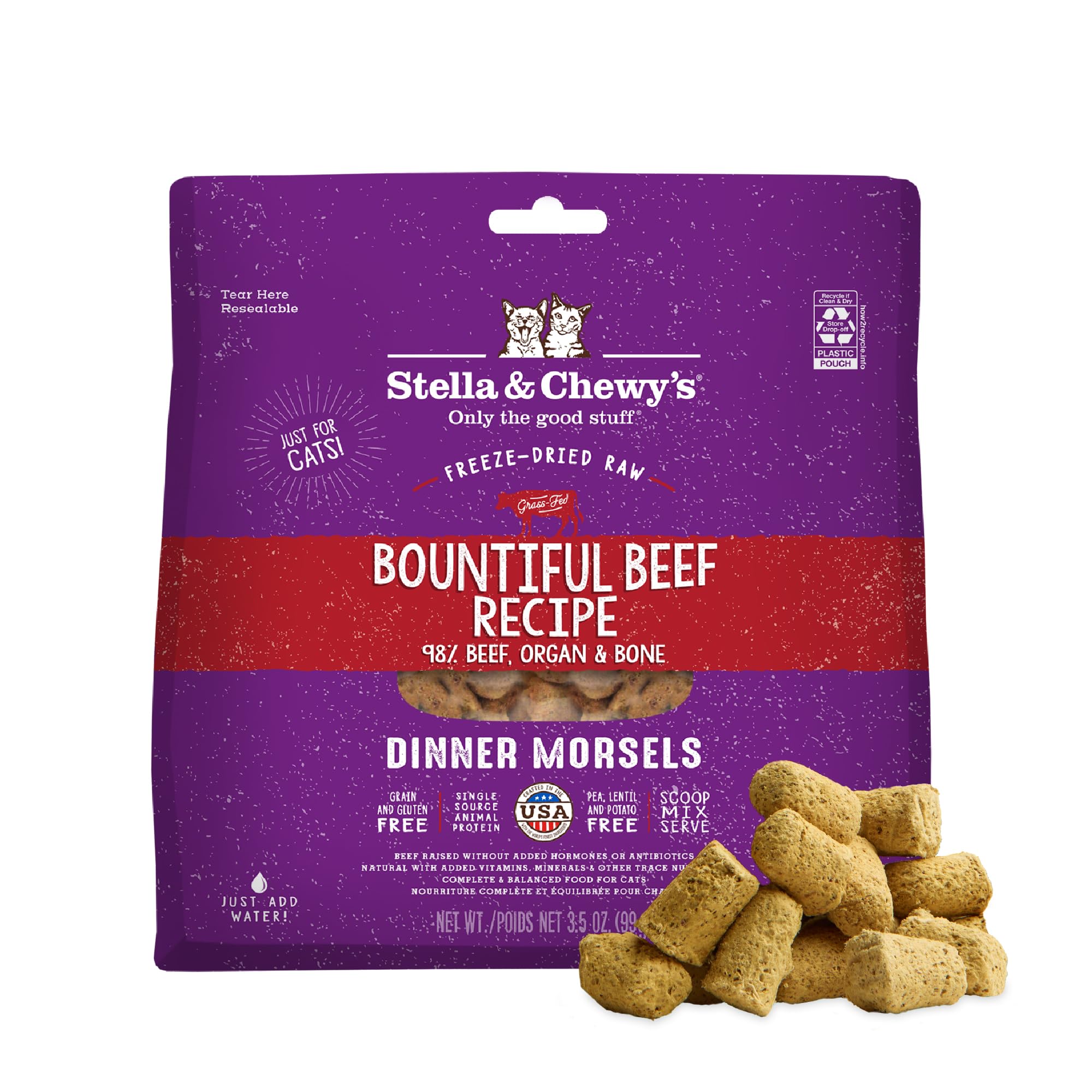 Stella & Chewys Freeze-Dried Raw Cat Dinner Morsels - Premium Beef Recipe with 98% Grass-Fed Meat & Organs - Natural Grain-Free