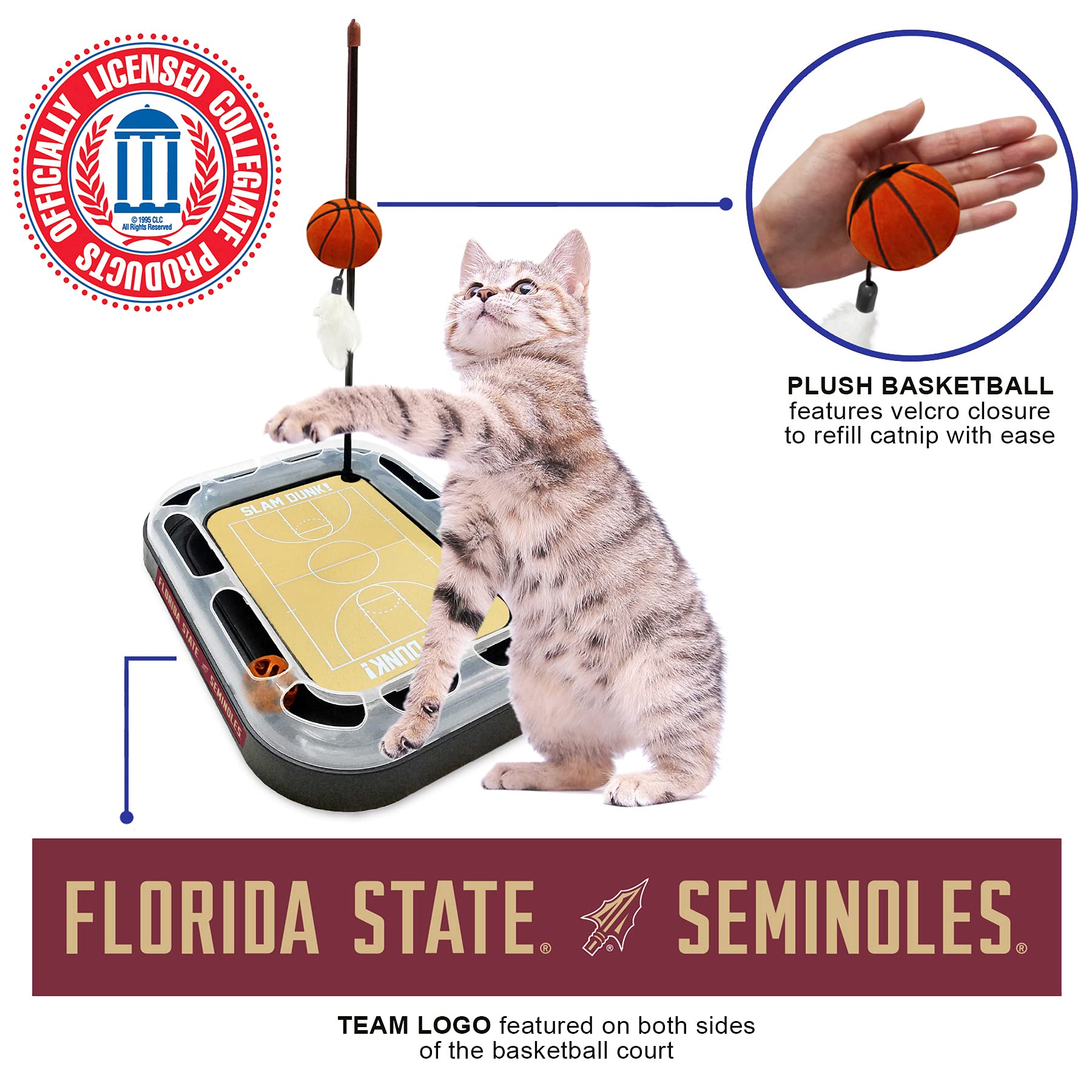 Ncaa Florida State Seminoles Basketball Court Cat Scratcher - Reversible Felt/Cardboard Toy, Cat Ball With Bell, Catnip-Filled P