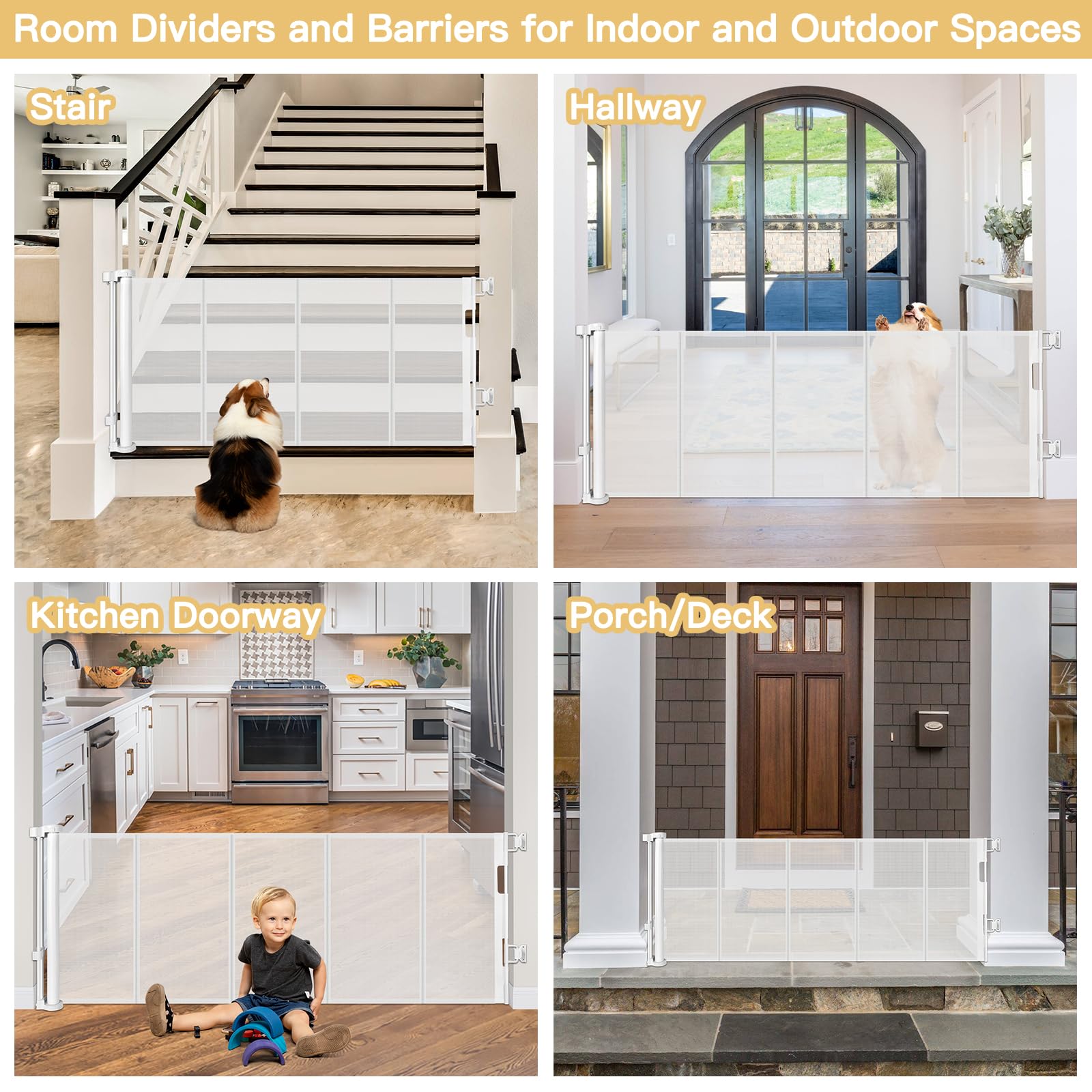 Reinforced 28 Inch Tall Retractable Baby Gates for Dogs, Easy Step Over Pet Gate with Support Rods, 55'' Wide Retractable Dog Ga