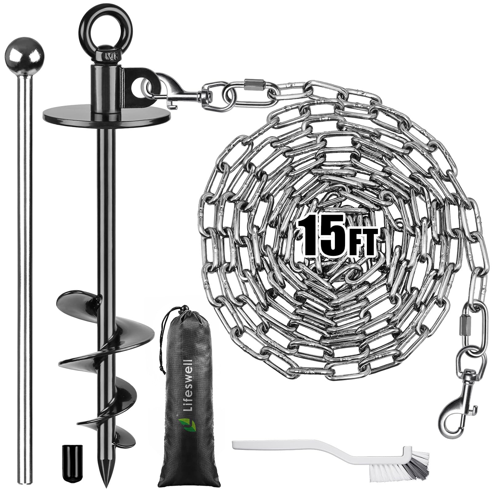 Lifeswell Dog Tie Out Chains And Stake, 15Ft Chew Proof Stainless Steel Dog Chains For Outside, 15'' Heavy Duty Dog Anchor For D