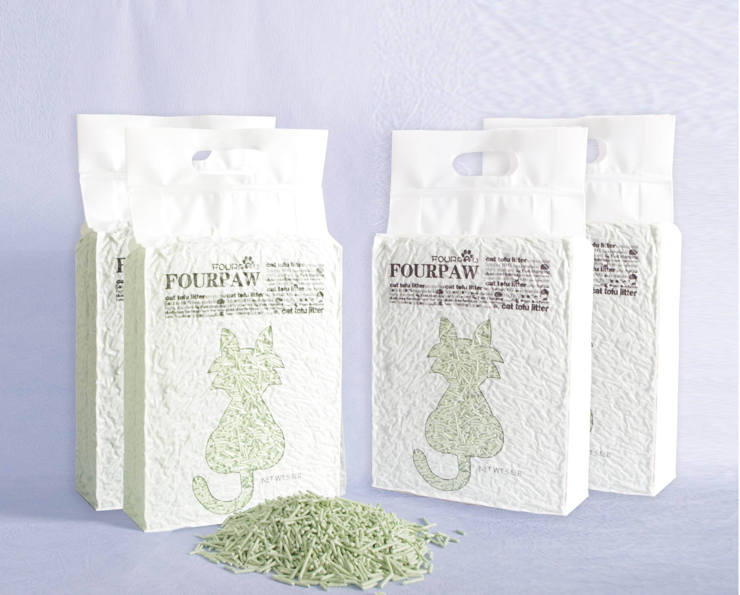 Fourpaw Tofu Cat Litter Green Tea 5.5 Lbs X 4 Bags, Flushable Clumping Fast Drying, Ultra Absorbent, Low Tracking Cat Litter 2Mm