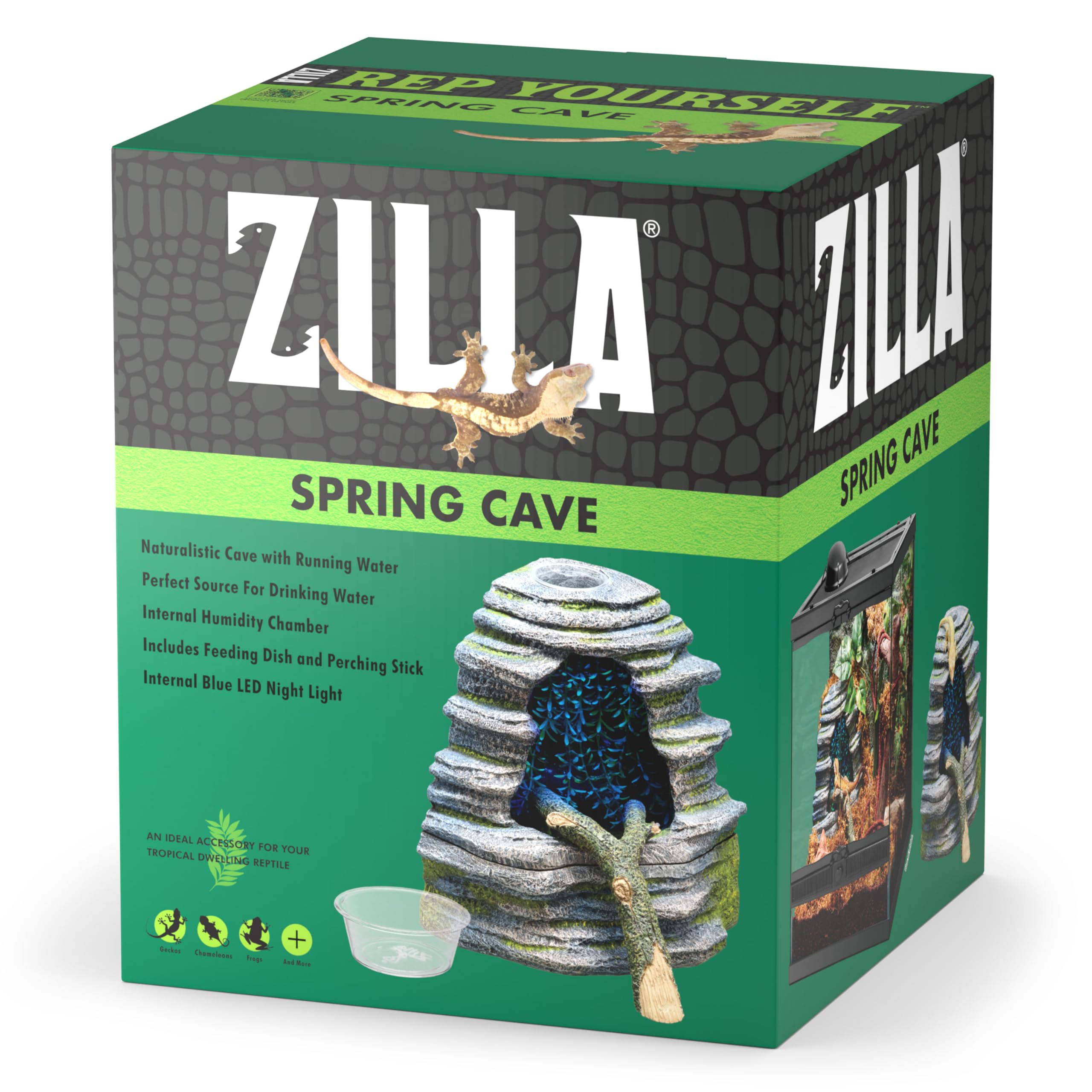 Zilla Spring Cave D  cor with Blue LED, Rain Chamber, One Size, ECOM