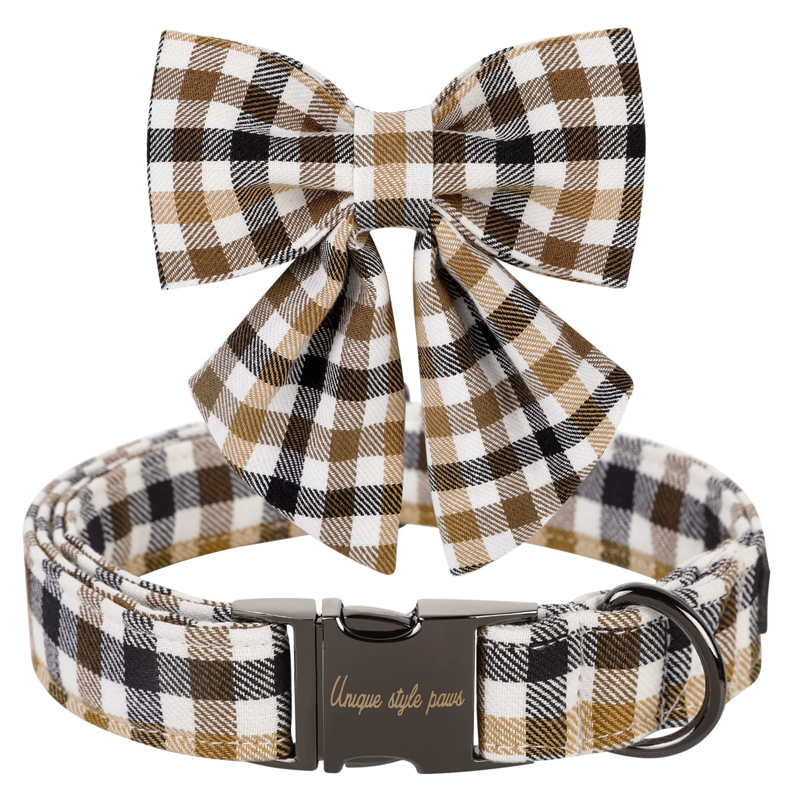 Unique Style Paws Christmas Dog Collar With Bow Tie Brown Plaid Puppy Collar For Small Medium Large Dogs As Autumn Winter Pet Gifts-Xs