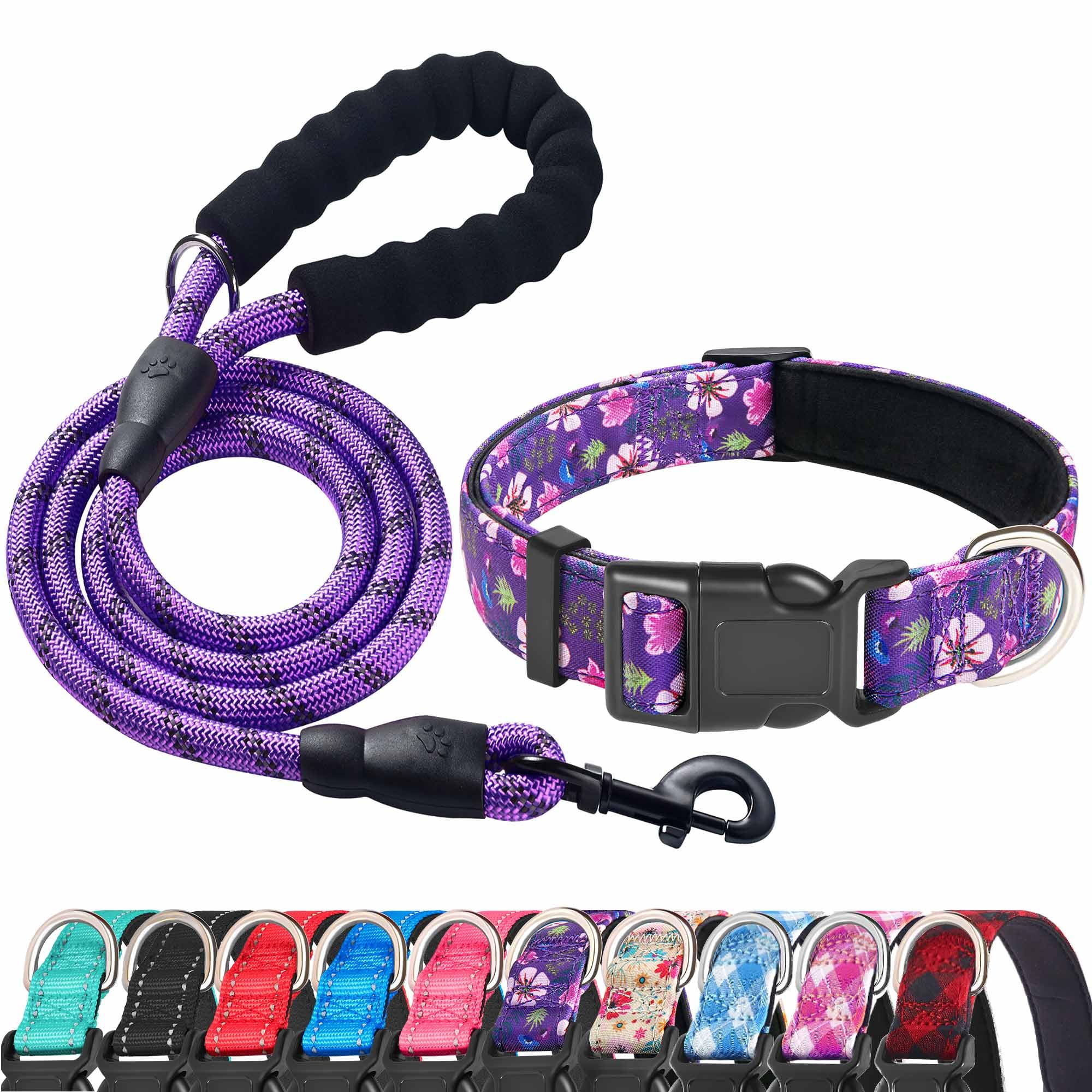Ladoogo Reflective Dog Collar Padded With Soft Neoprene Breathable Adjustable Nylon Dog Collars For Small Medium Large Dogs (Medium (Pack Of 1), Purple/Pink Floral Collar+Leash)