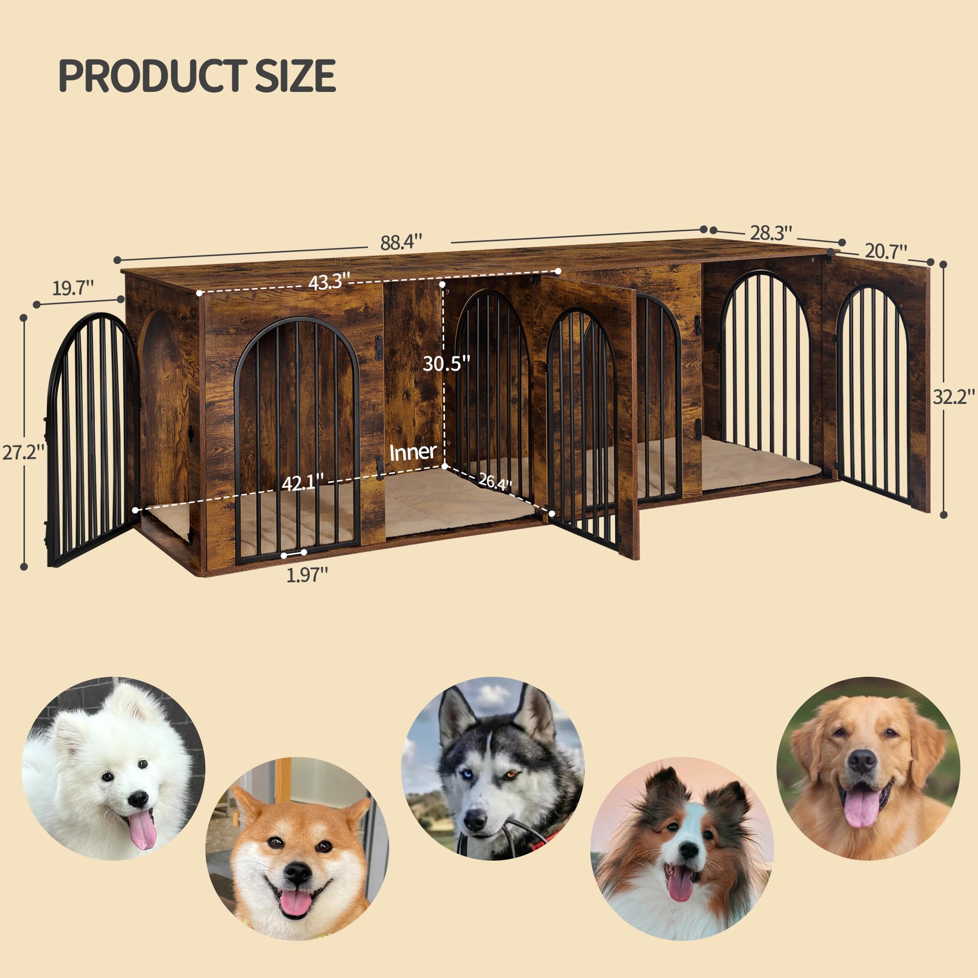 Hzuaneri 88.4 Dog Crate Furniture for 2 Dogs, Heavy Duty Indoor Dog Kennel TV Stand, XXL Wooden Dog Cage with Divider for Medium