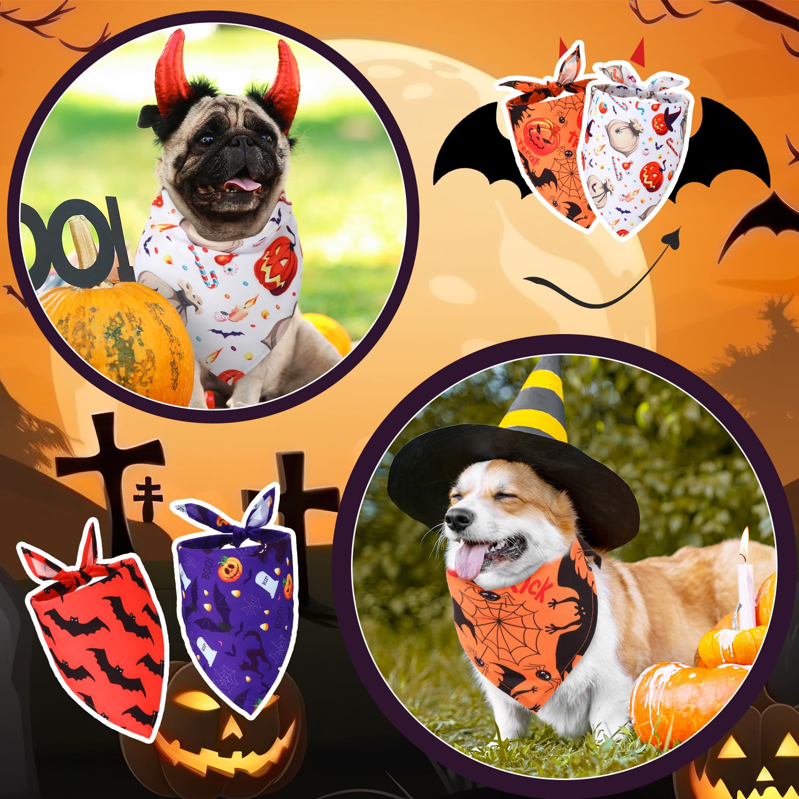 Kigeli 100 Pack Halloween Dog Bandanas Adjustable Triangle Bibs Scarf Ghost Halloween Pumpkin Spider Web Pet Bandanas Costumes H